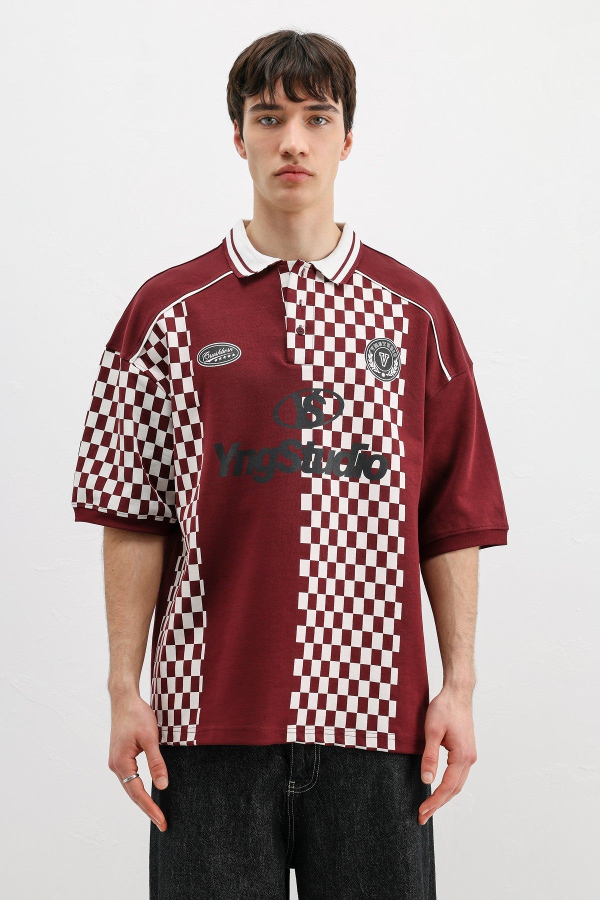 Oversized T-Shirt with Polo Collar Print