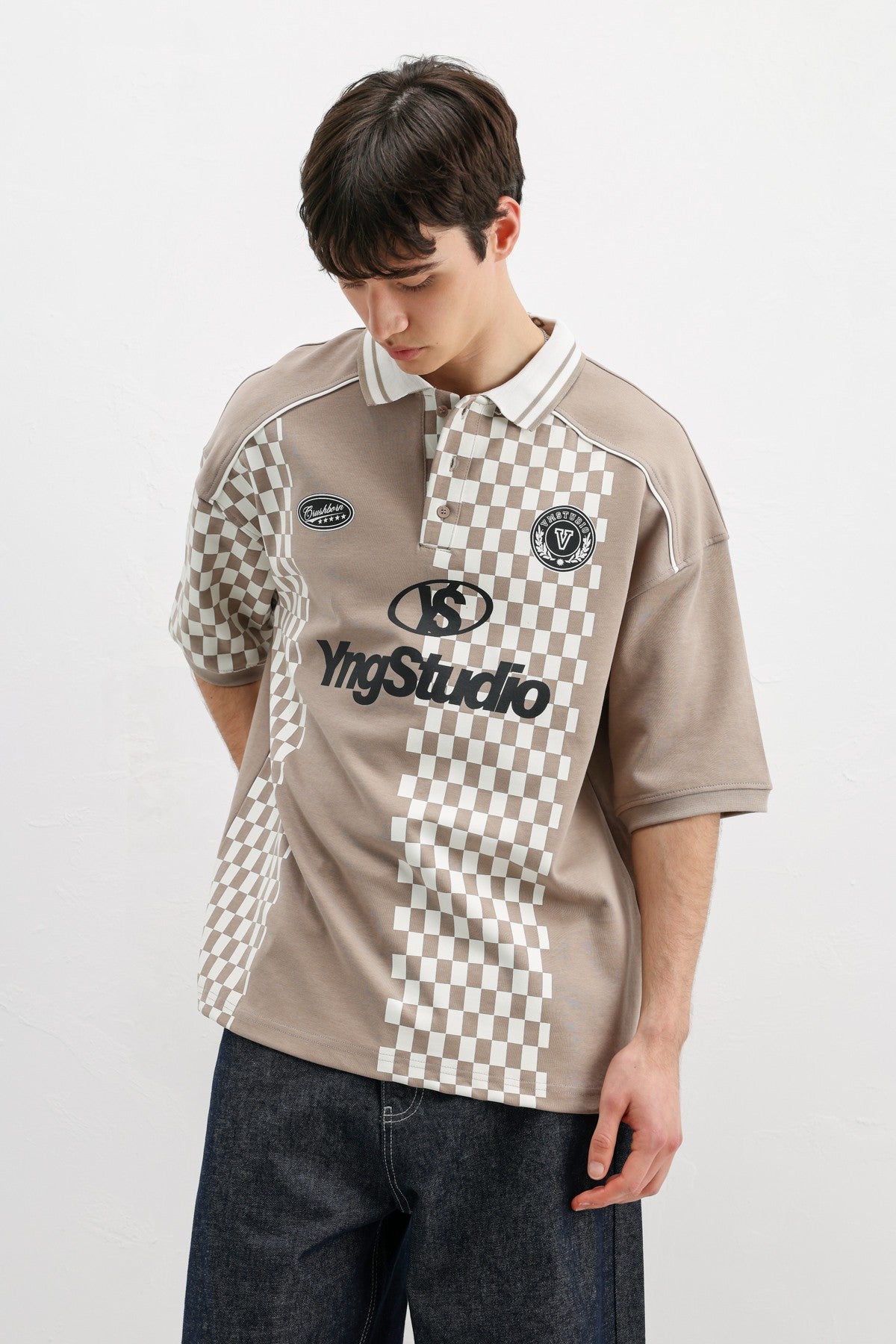 Oversized T-Shirt with Polo Collar Print