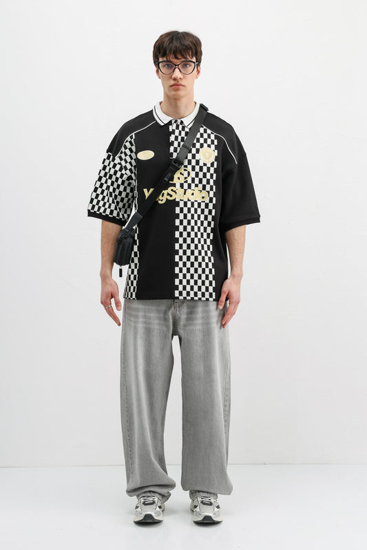 Oversized T-Shirt with Polo Collar Print
