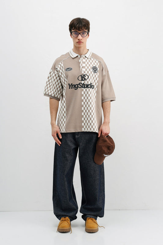 Oversized T-Shirt with Polo Collar Print