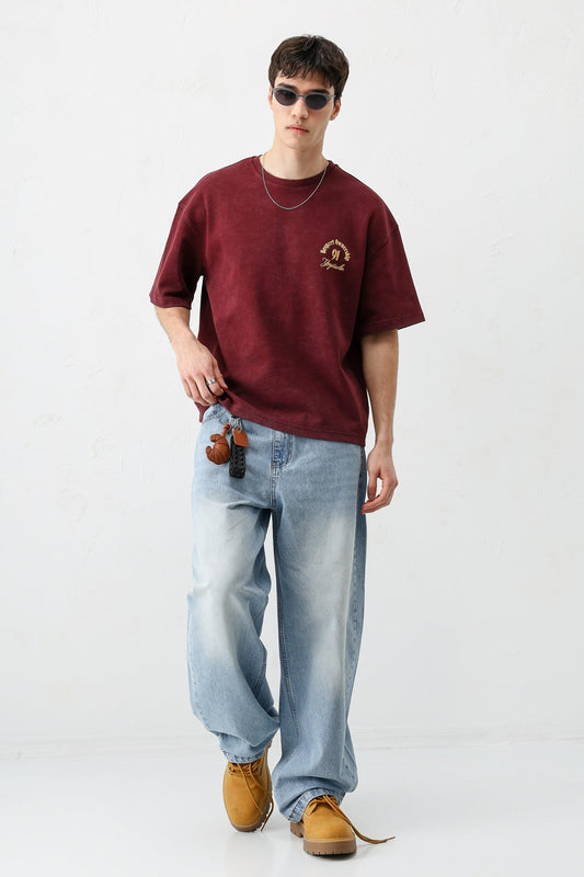 Short-Sleeved Boxy-Fit Printed T-Shirt, Burgundy