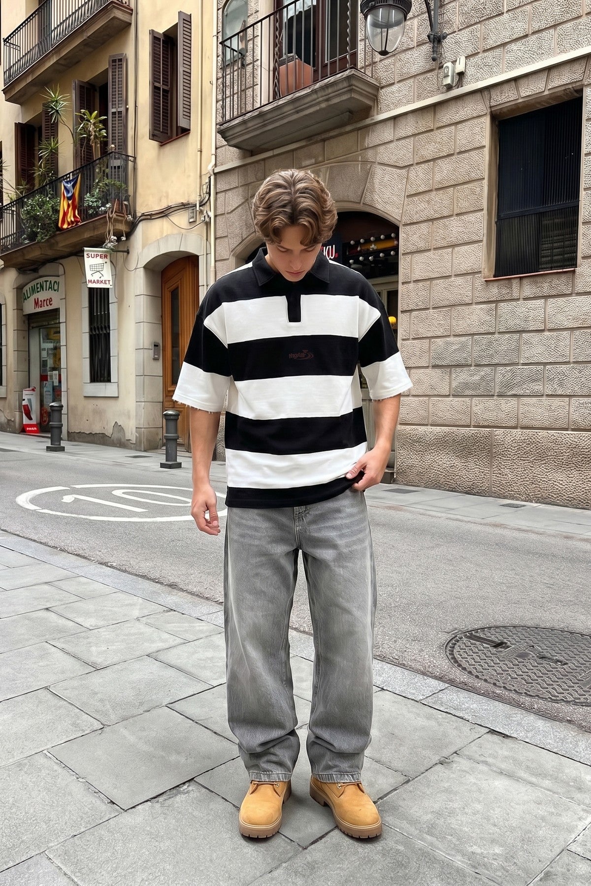 Oversized Rugby-Collar Striped T-Shirt