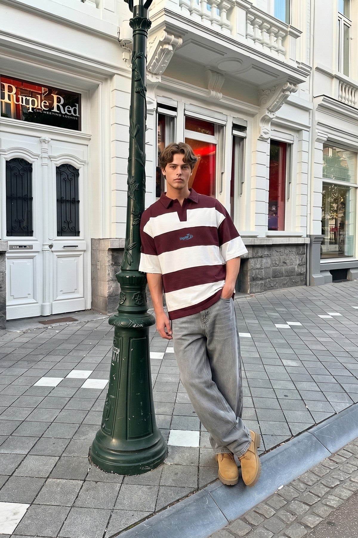 Oversized Rugby-Collar Striped T-Shirt