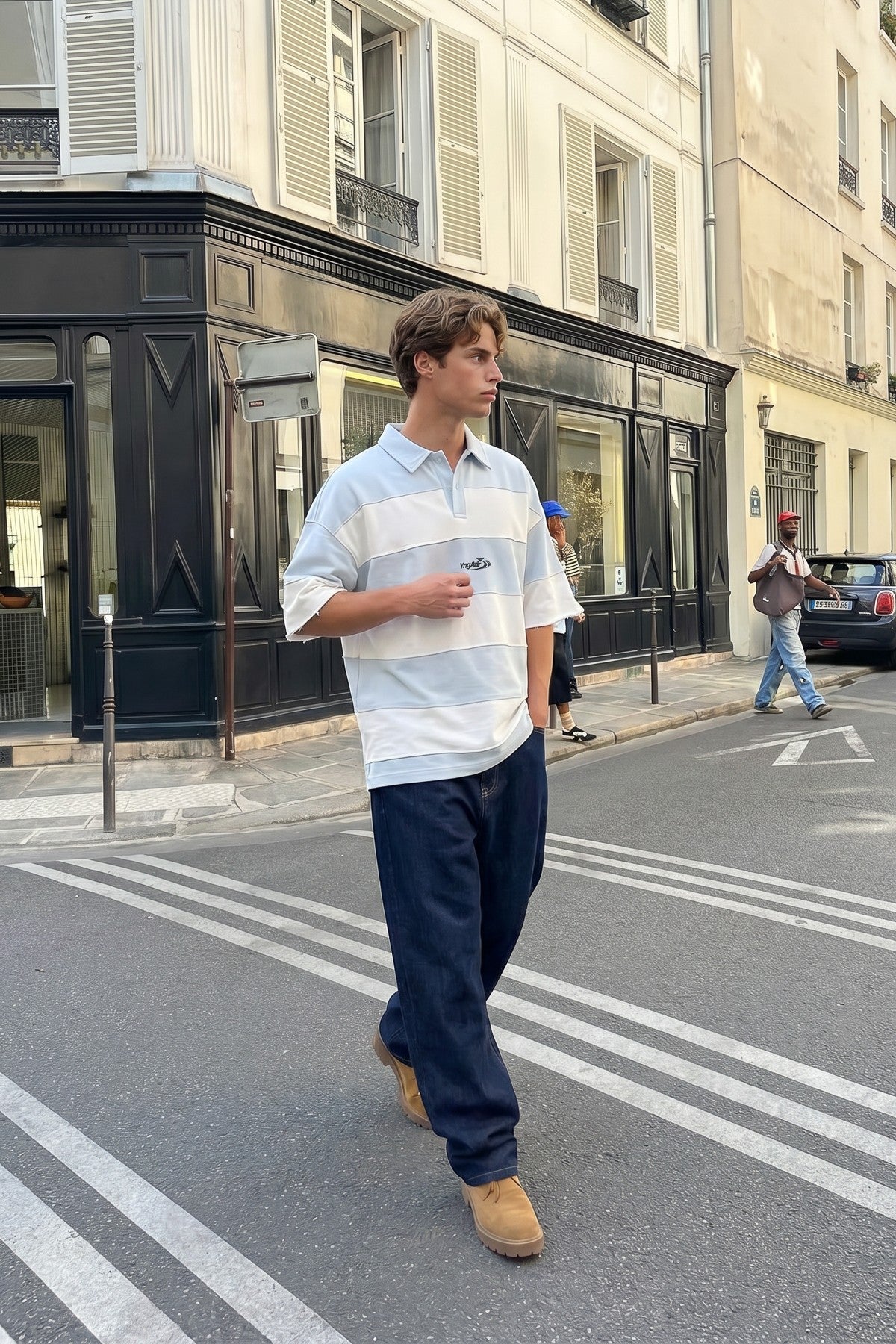 Oversized Rugby-Collar Striped T-Shirt