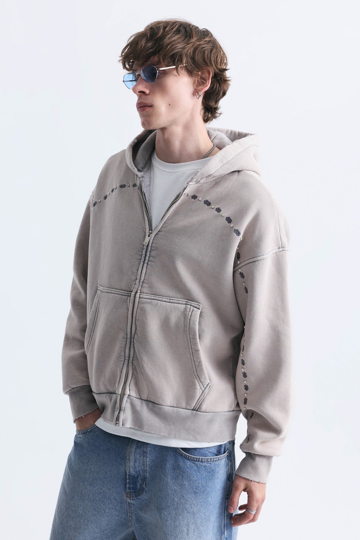 Boxy Fit Zipper-Front Hooded Sweatshirt