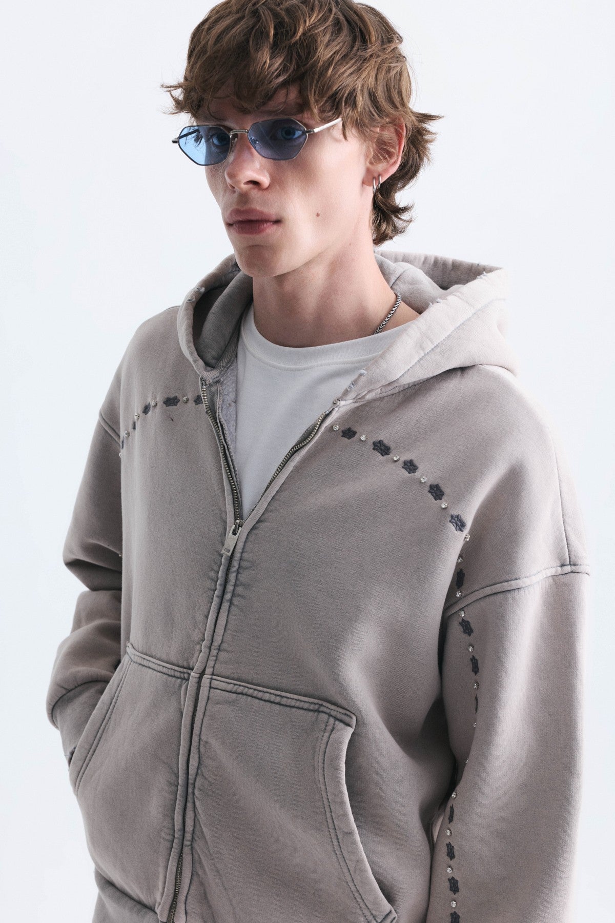 Boxy Fit Zipper-Front Hooded Sweatshirt