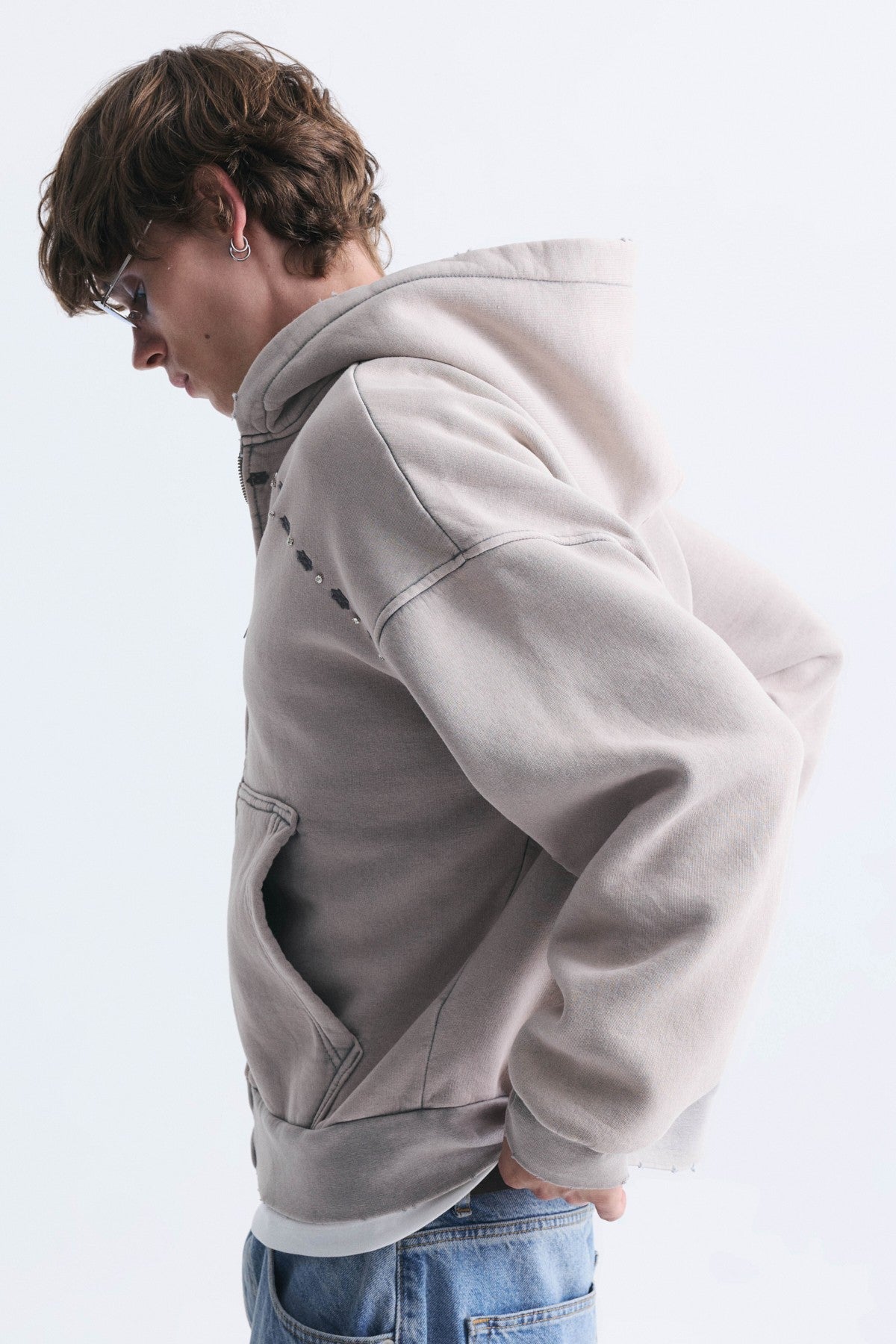 Boxy Fit Zipper-Front Hooded Sweatshirt