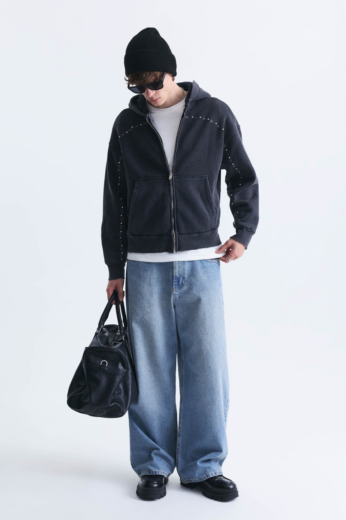 Boxy Fit Zipper-Front Hooded Sweatshirt
