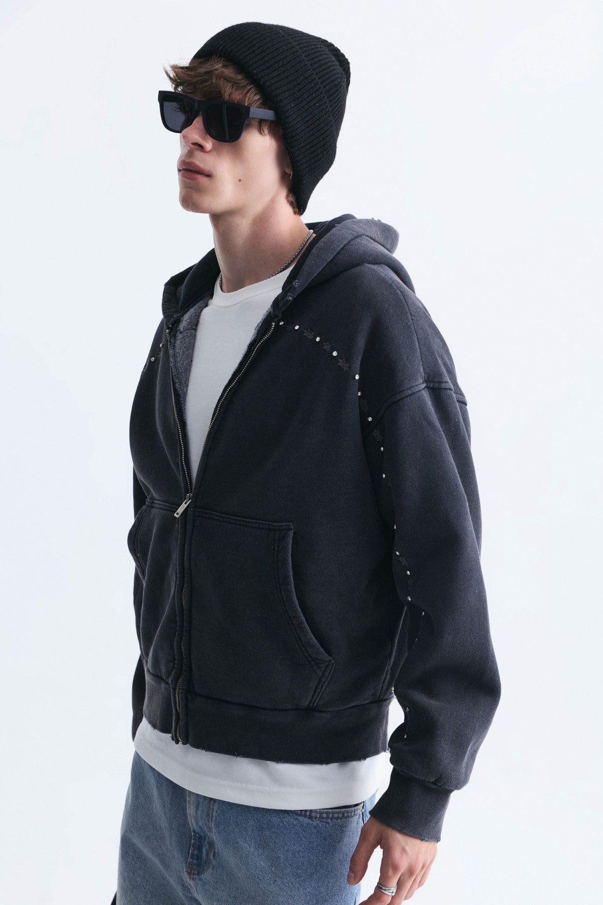 Boxy Fit Zipper-Front Hooded Sweatshirt