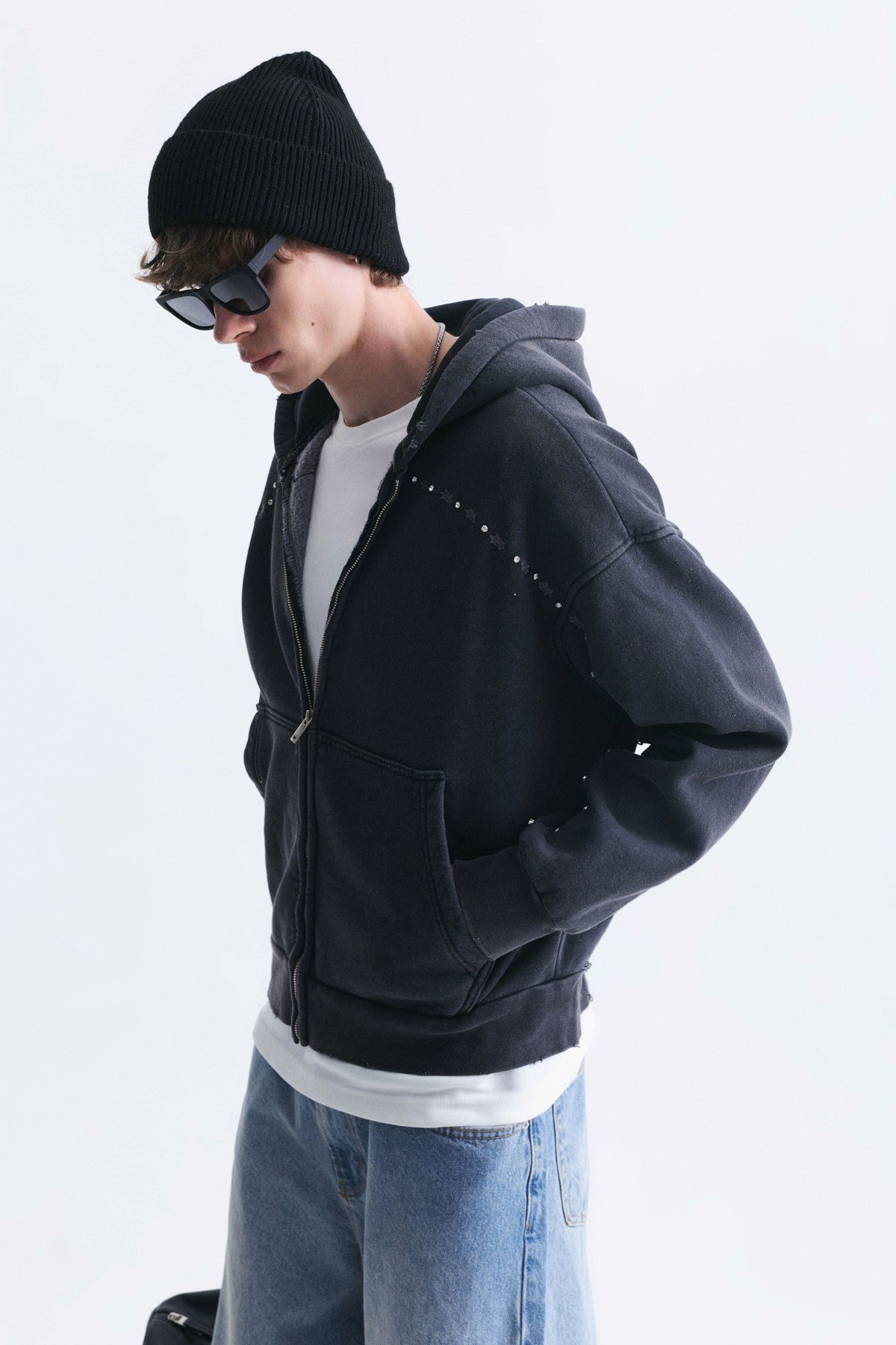 Boxy Fit Zipper-Front Hooded Sweatshirt