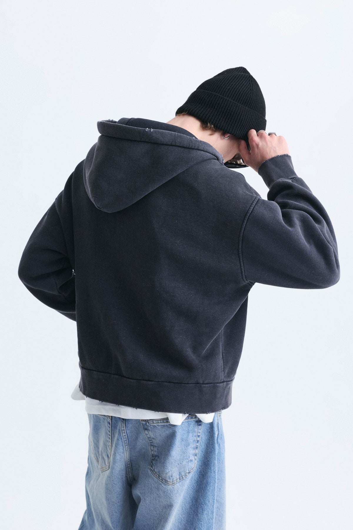 Boxy Fit Zipper-Front Hooded Sweatshirt