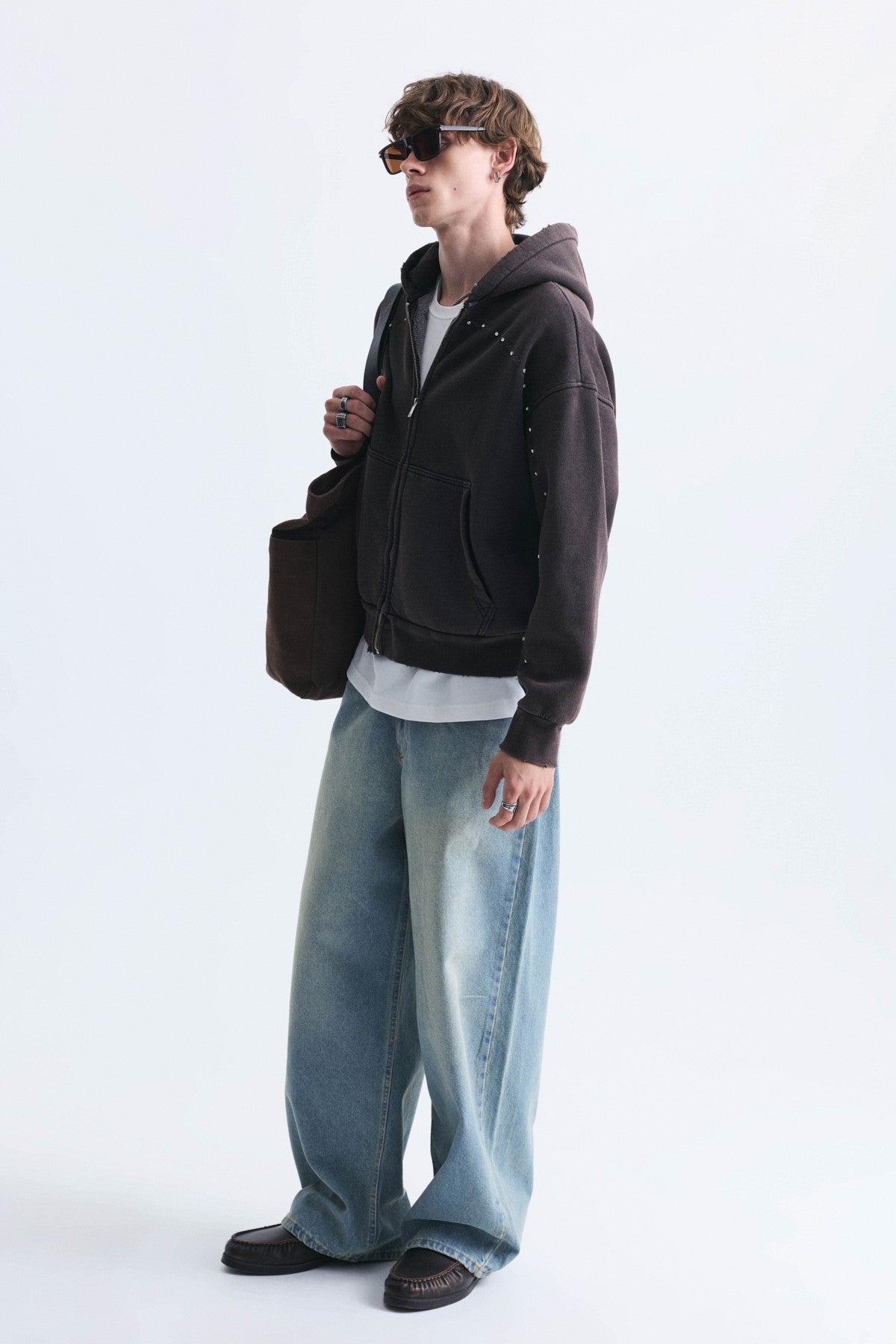 Boxy Fit Zipper-Front Hooded Sweatshirt