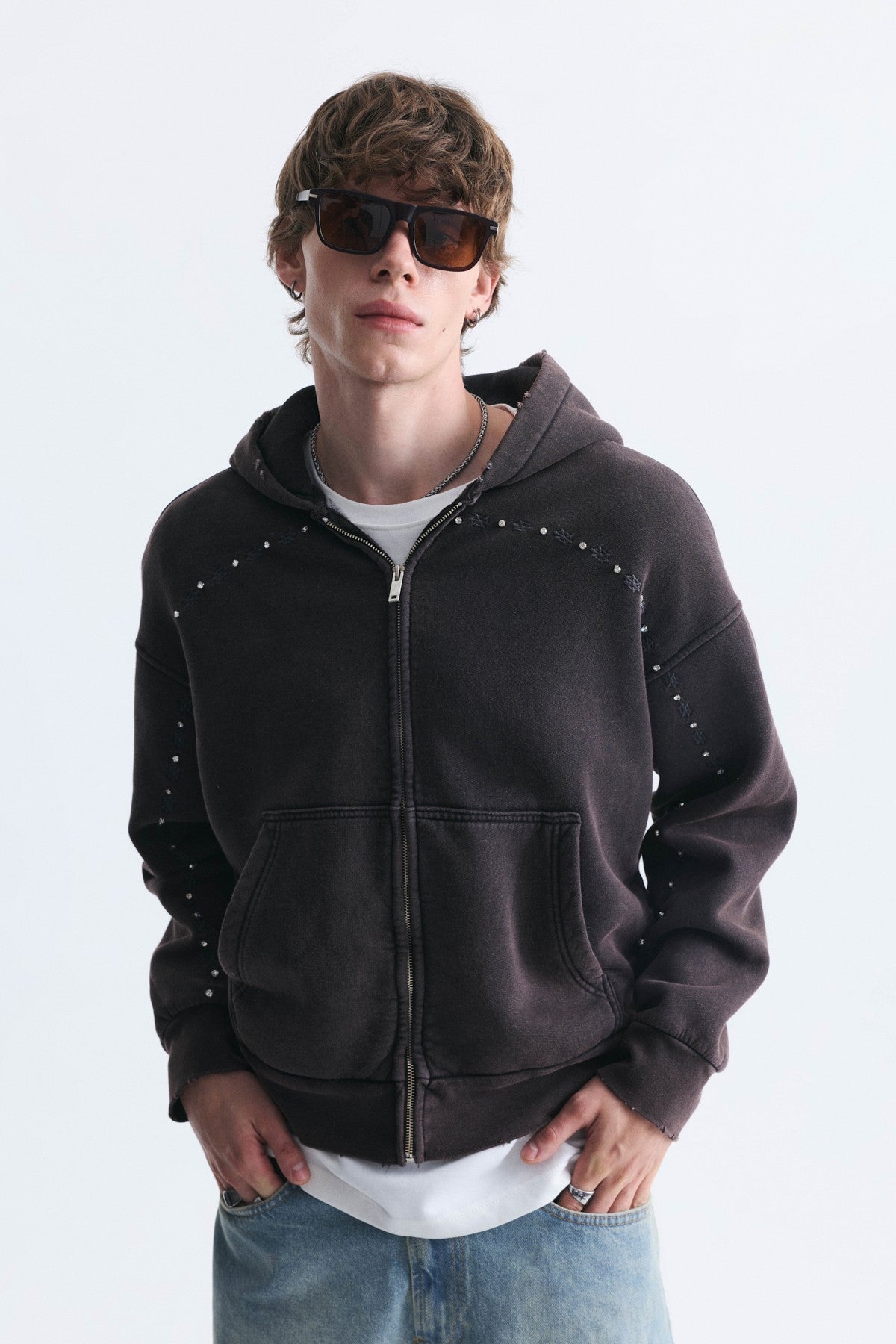 Boxy Fit Zipper-Front Hooded Sweatshirt