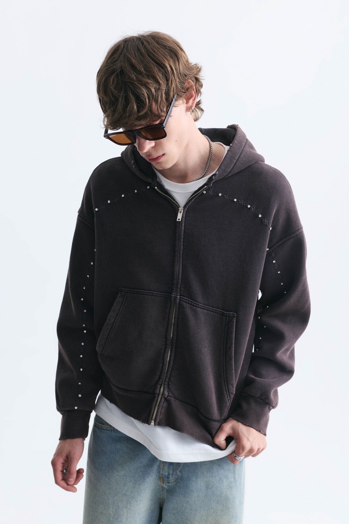 Boxy Fit Zipper-Front Hooded Sweatshirt