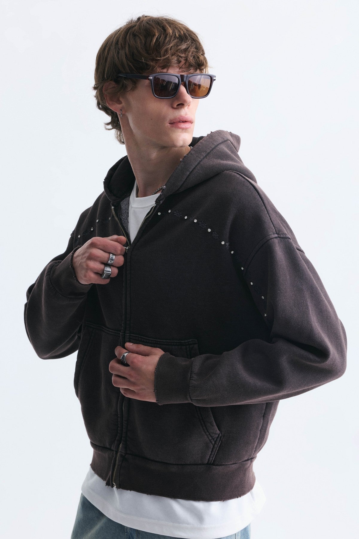 Boxy Fit Zipper-Front Hooded Sweatshirt