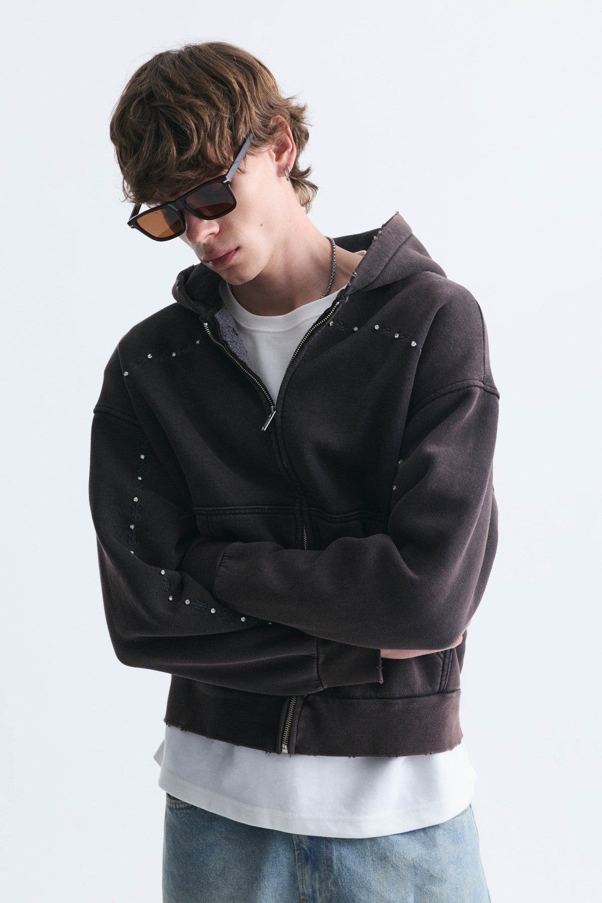 Boxy Fit Zipper-Front Hooded Sweatshirt