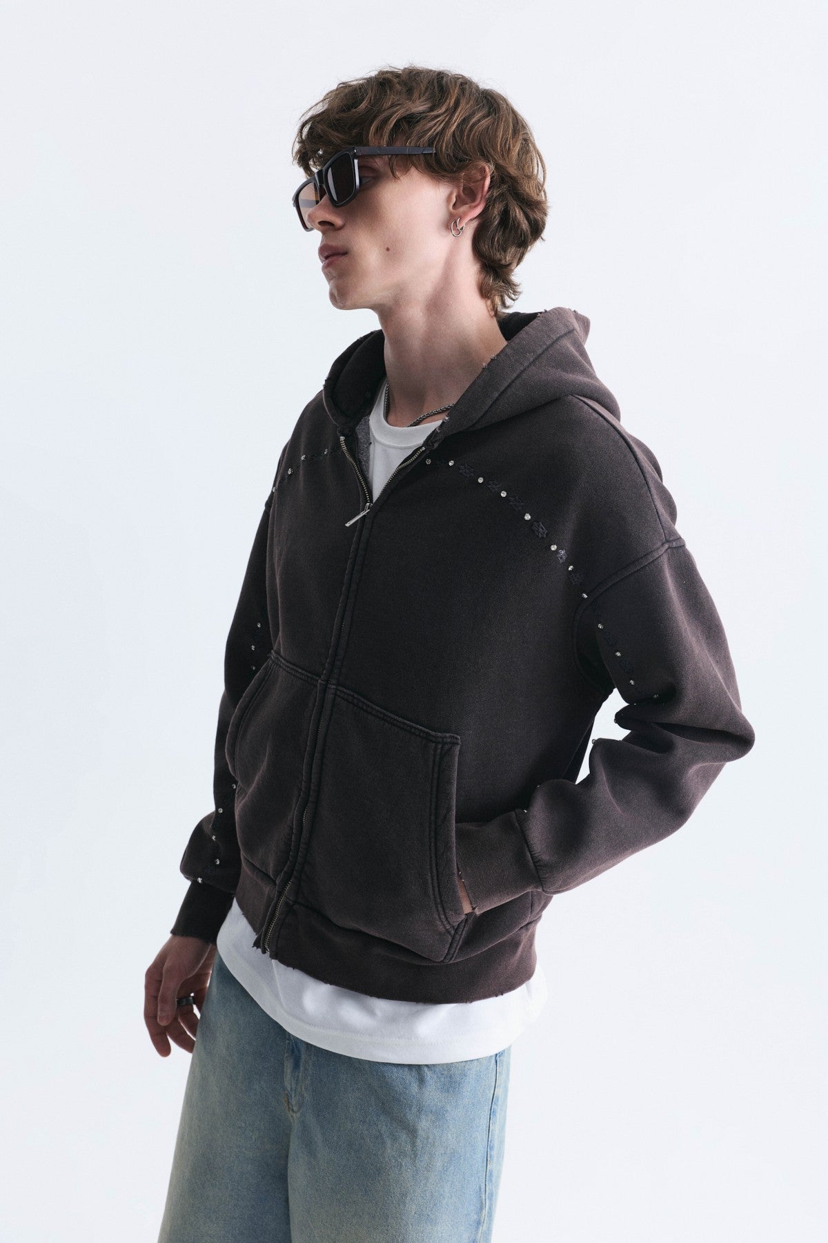 Boxy Fit Zipper-Front Hooded Sweatshirt