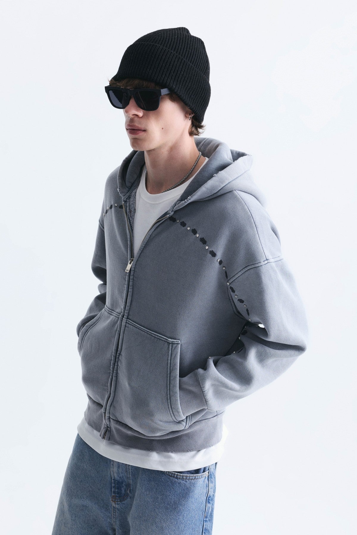 Boxy Fit Zipper-Front Hooded Sweatshirt