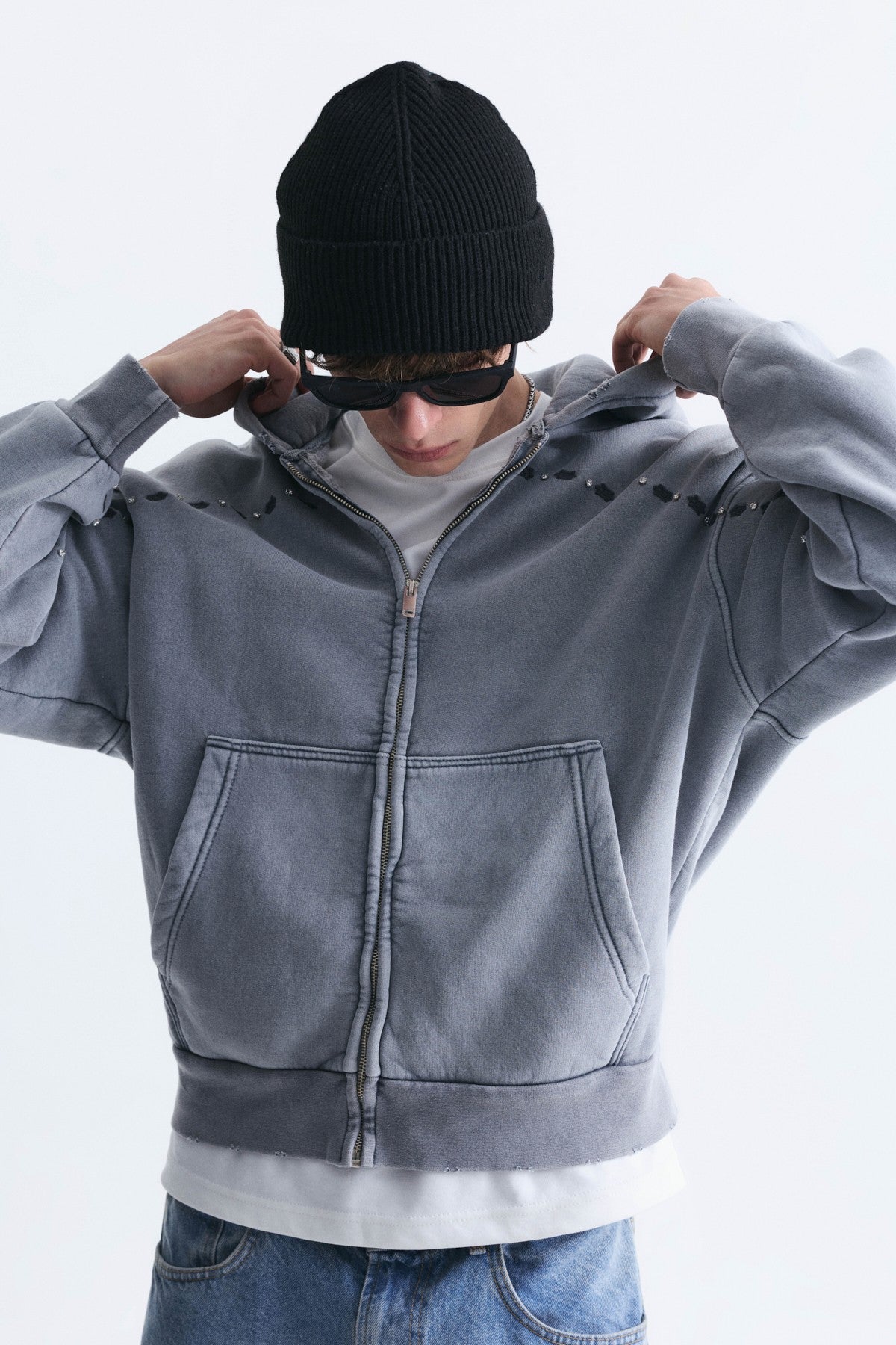 Boxy Fit Zipper-Front Hooded Sweatshirt