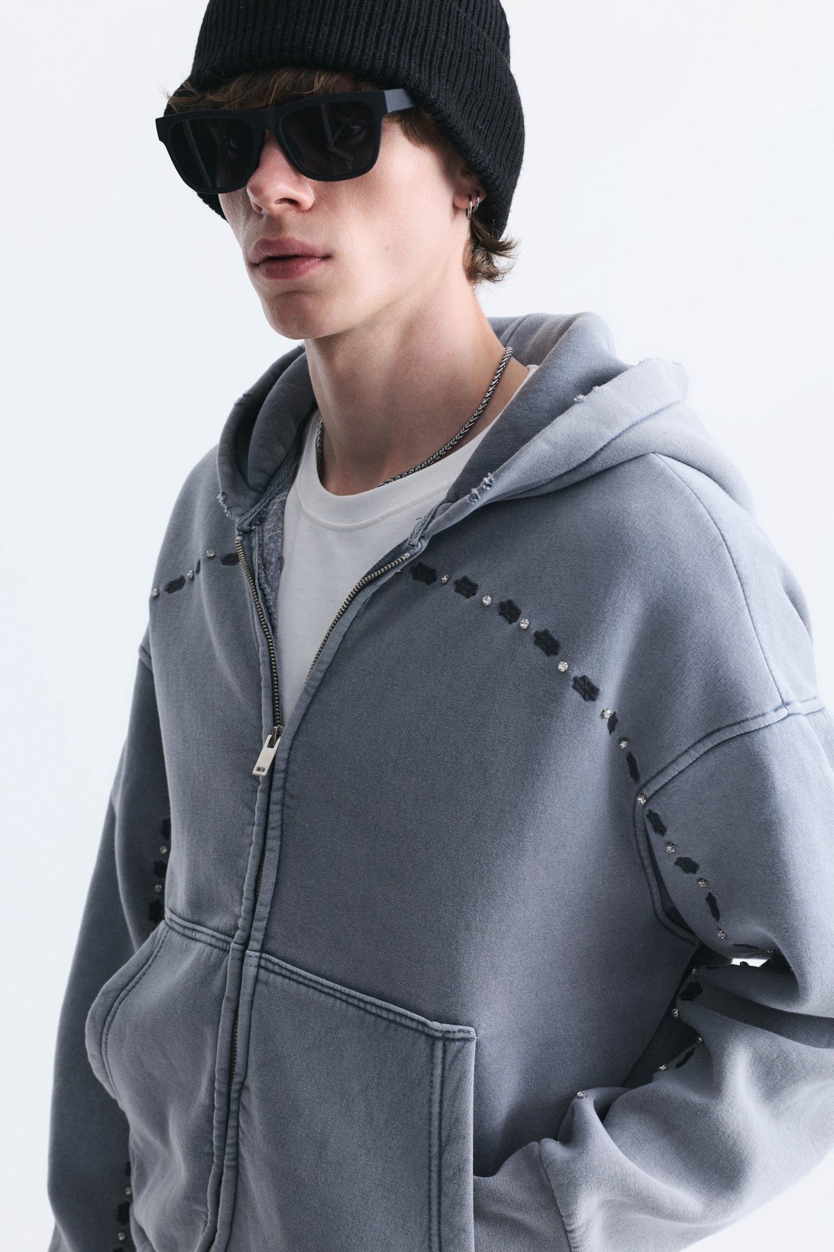 Boxy Fit Zipper-Front Hooded Sweatshirt