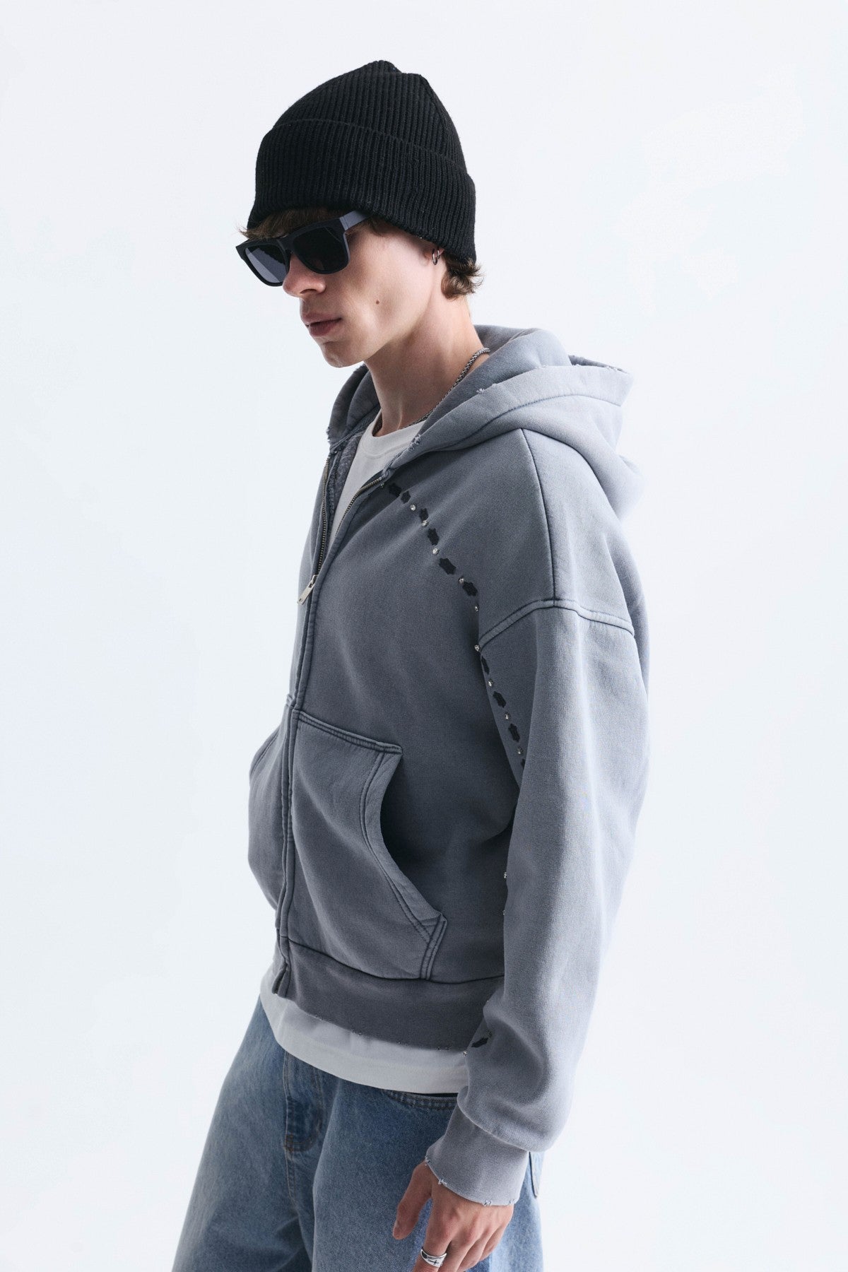 Boxy Fit Zipper-Front Hooded Sweatshirt