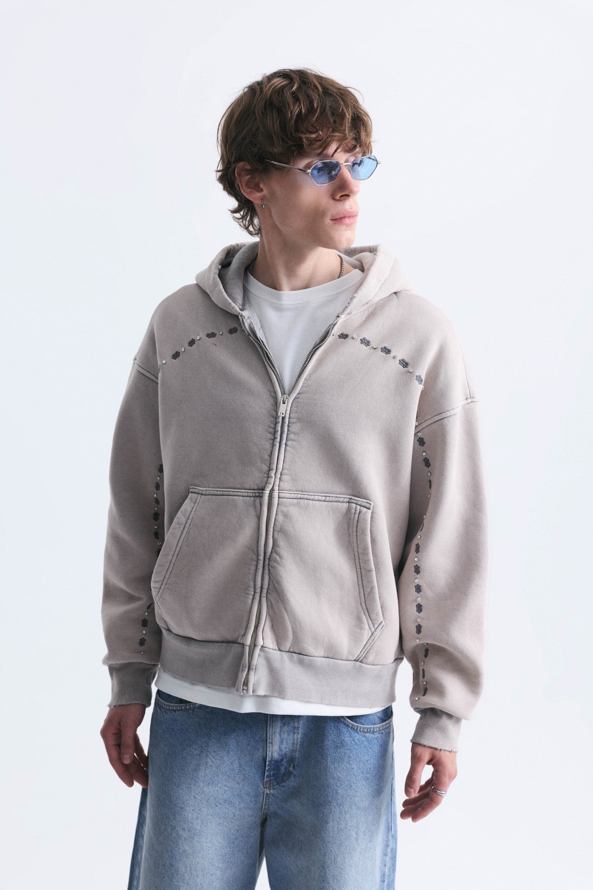 Boxy Fit Zipper-Front Hooded Sweatshirt