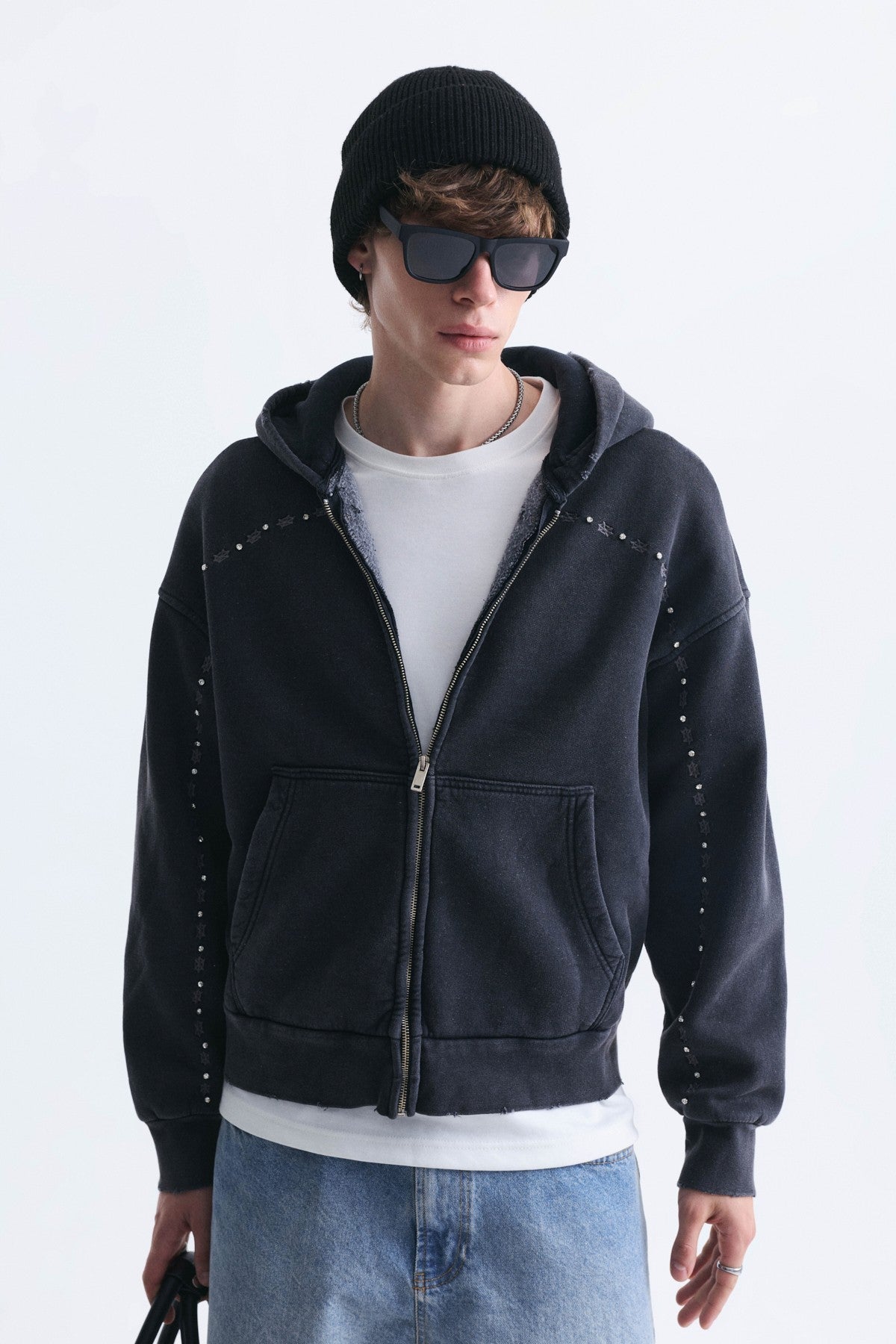 Boxy Fit Zipper-Front Hooded Sweatshirt
