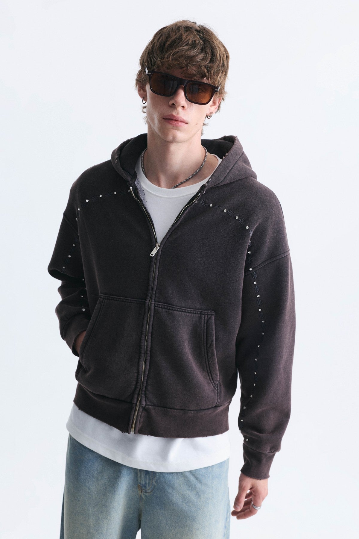 Boxy Fit Zipper-Front Hooded Sweatshirt