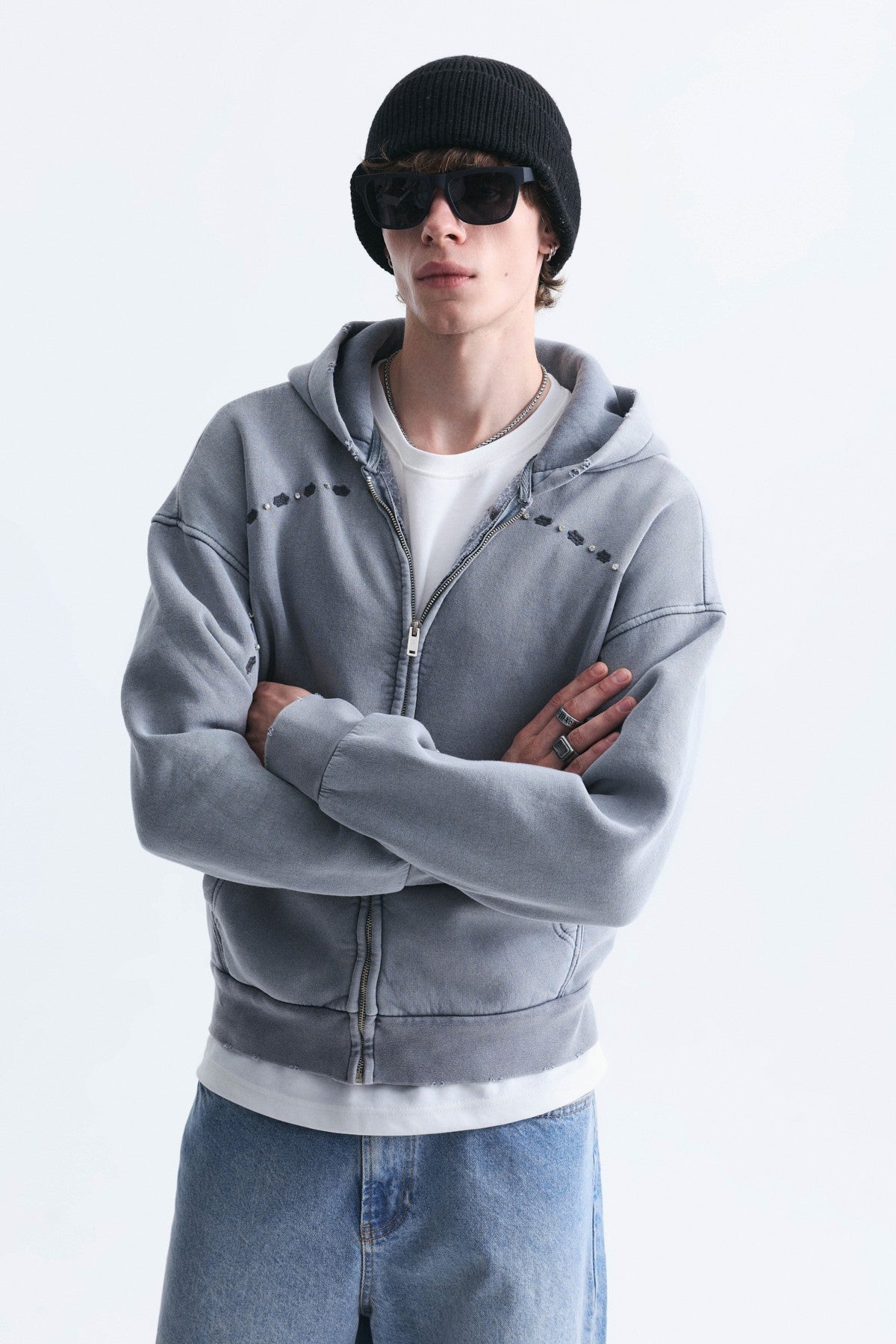 Boxy Fit Zipper-Front Hooded Sweatshirt