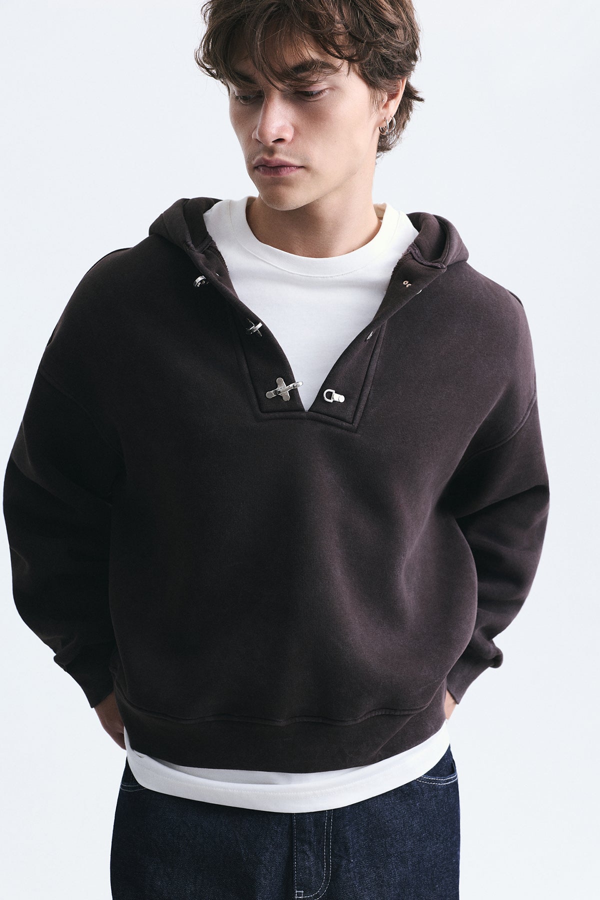Boxy Fit Metal Clip-Front Sweatshirt