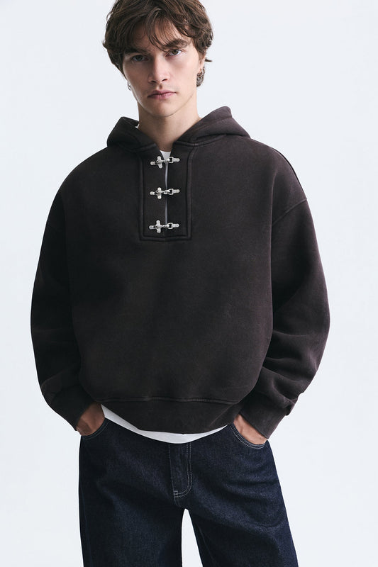 Boxy Fit Metal Clip-Front Sweatshirt