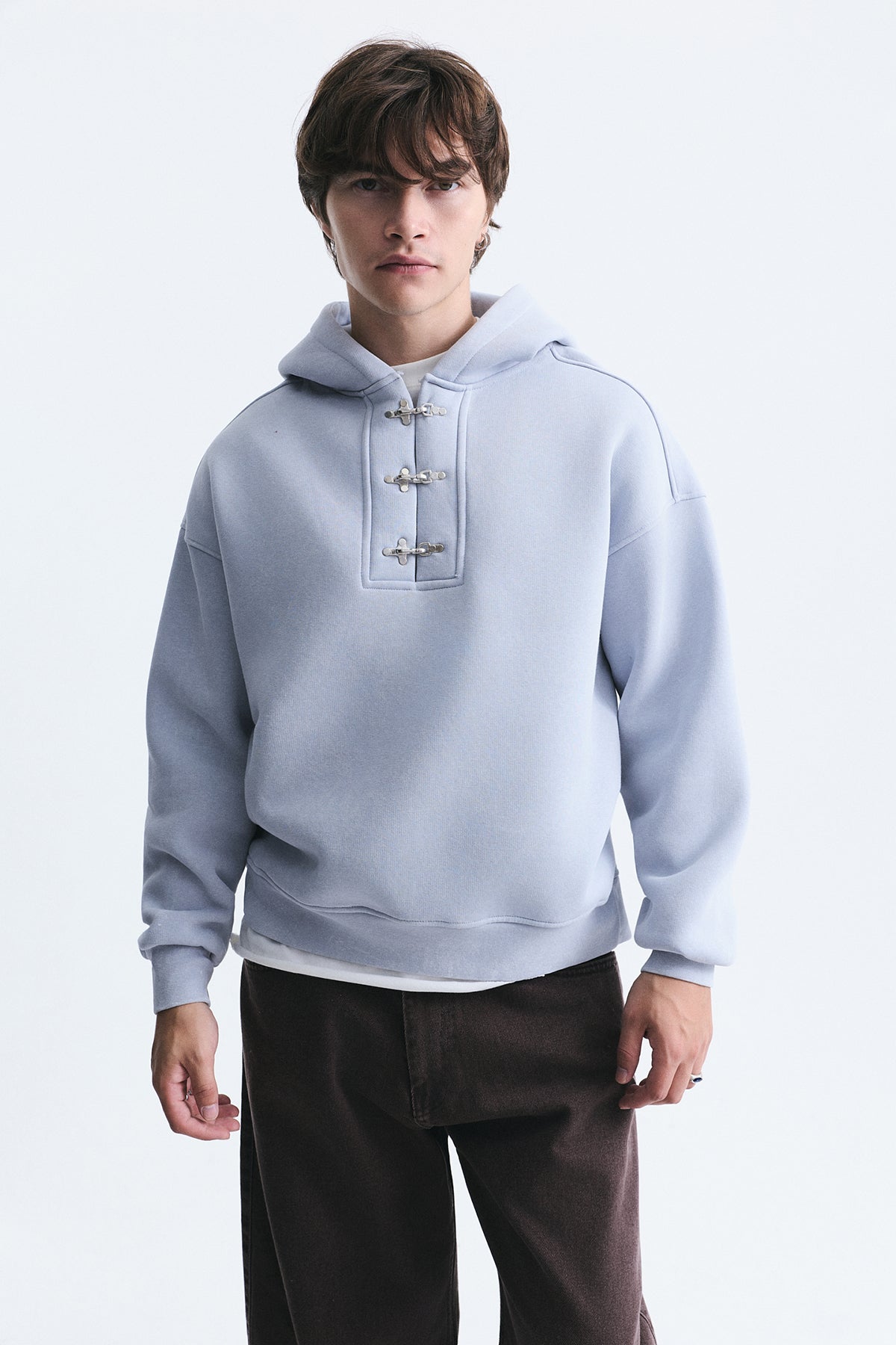 Boxy Fit Metal Clip-Front Sweatshirt