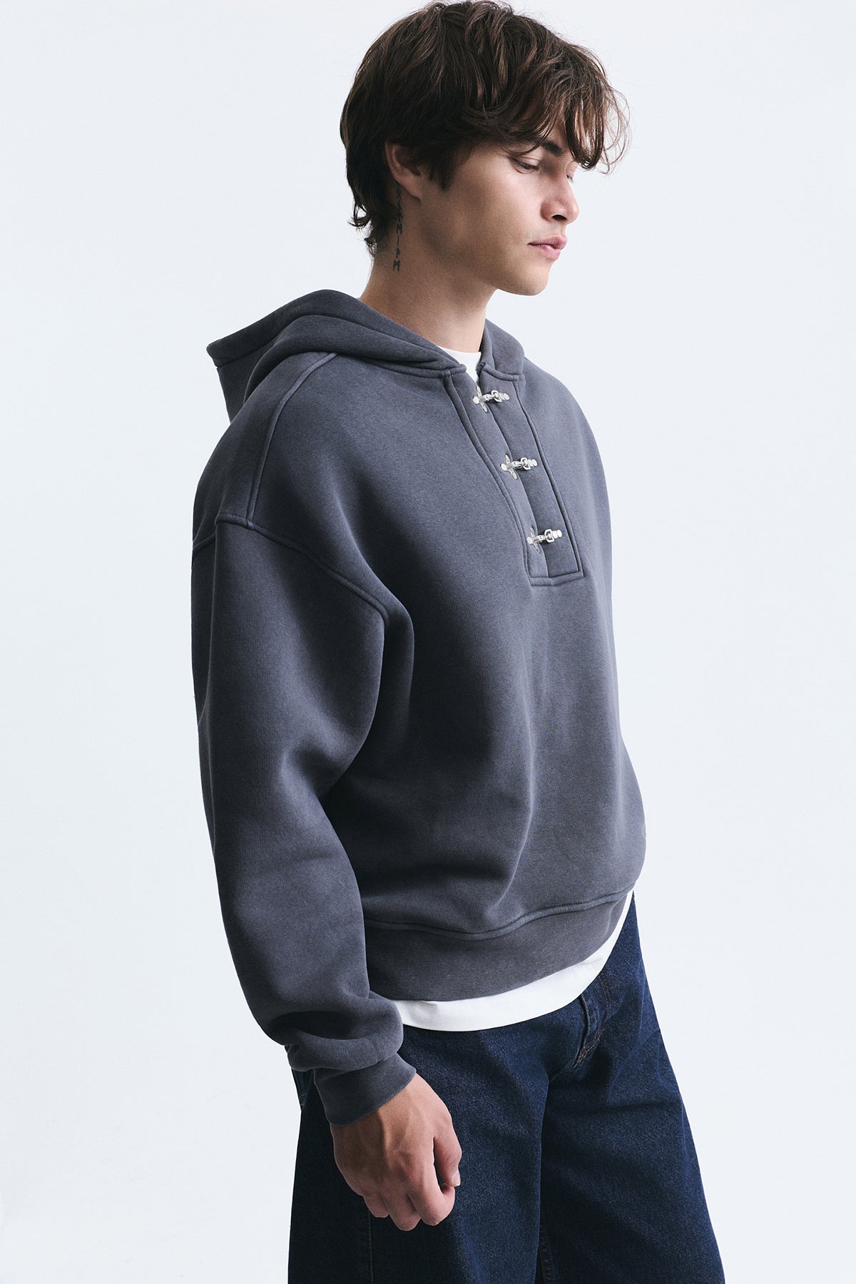 Boxy Fit Metal Clip-Front Sweatshirt