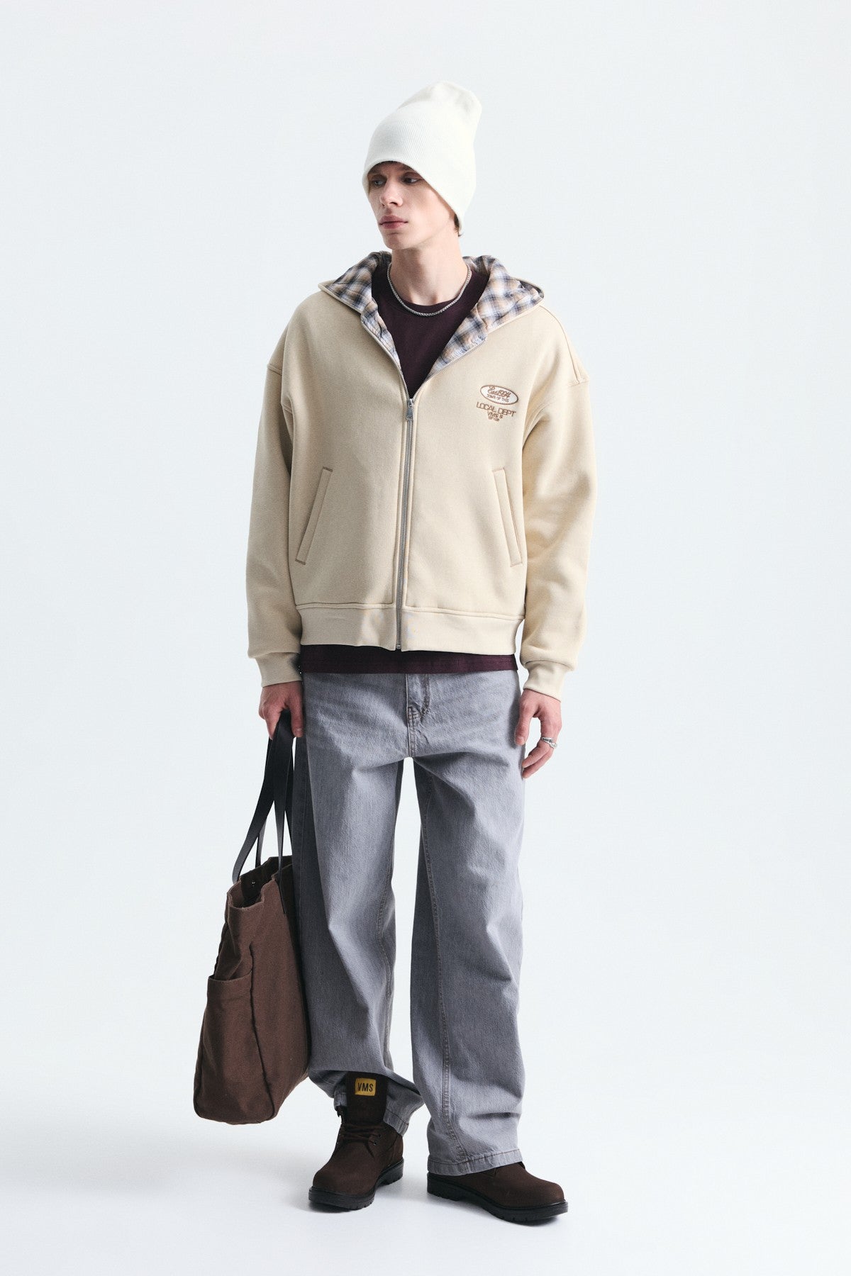 Boxy Fit Zipper-Front Hooded Sweatshirt