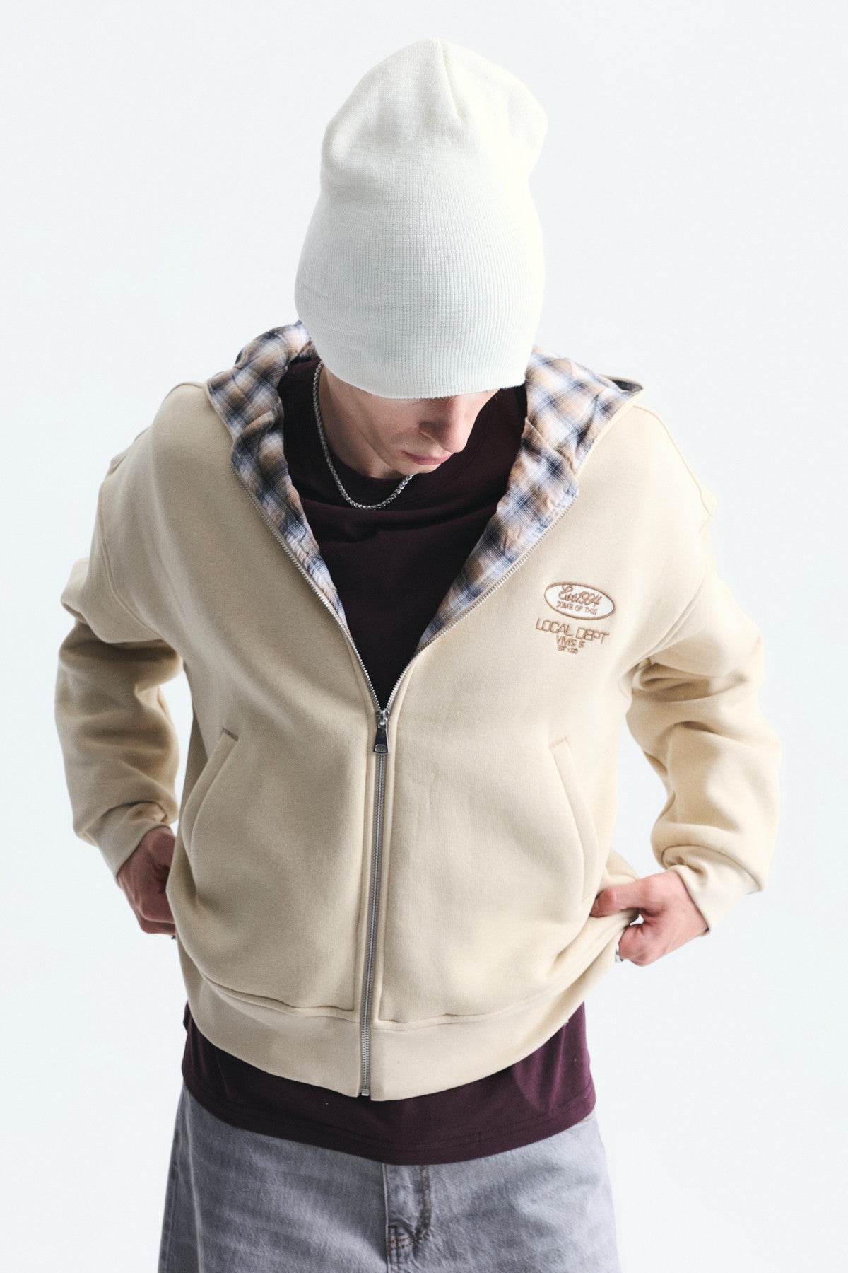 Boxy Fit Zipper-Front Hooded Sweatshirt