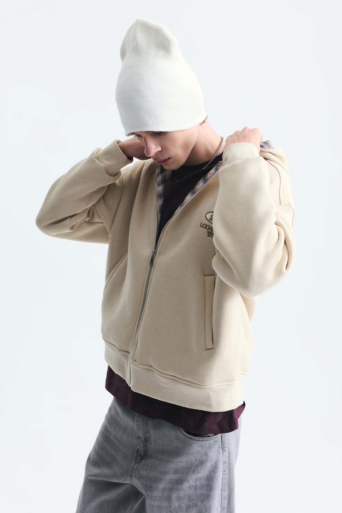 Boxy Fit Zipper-Front Hooded Sweatshirt