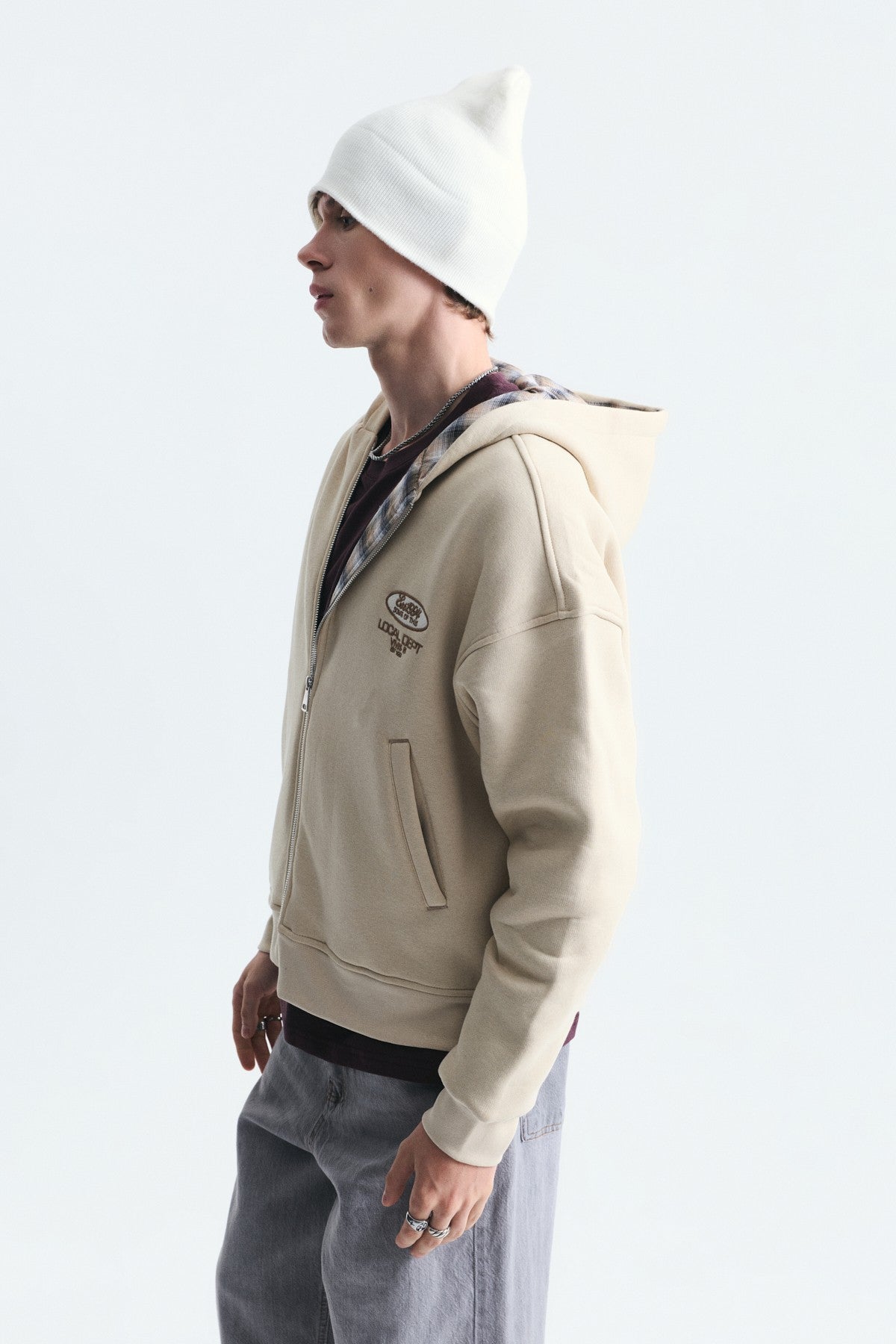 Boxy Fit Zipper-Front Hooded Sweatshirt