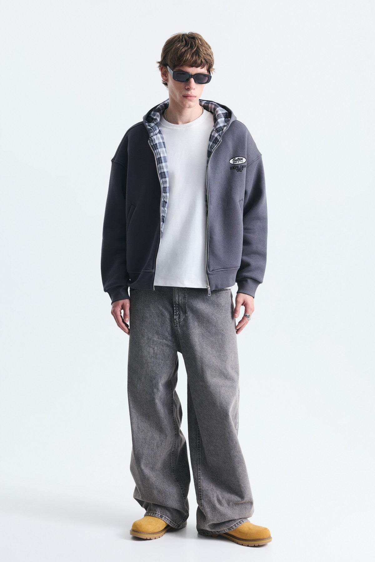Boxy Fit Zipper-Front Hooded Sweatshirt