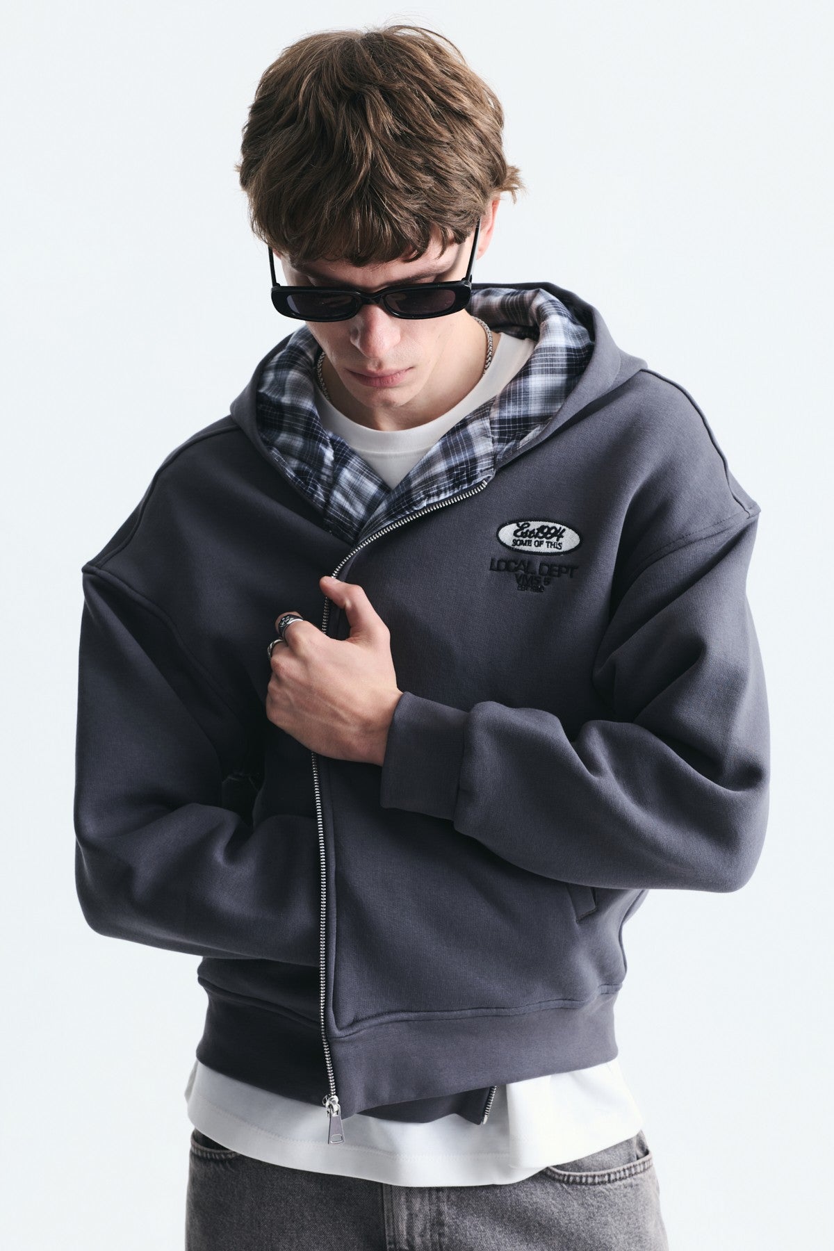 Boxy Fit Zipper-Front Hooded Sweatshirt