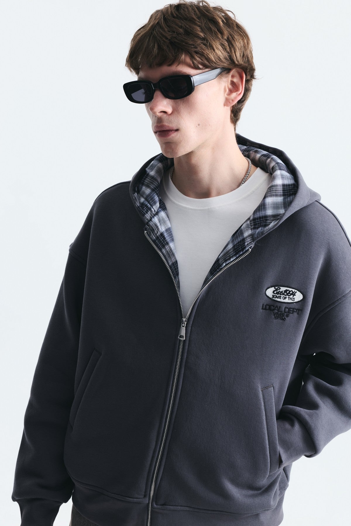 Boxy Fit Zipper-Front Hooded Sweatshirt
