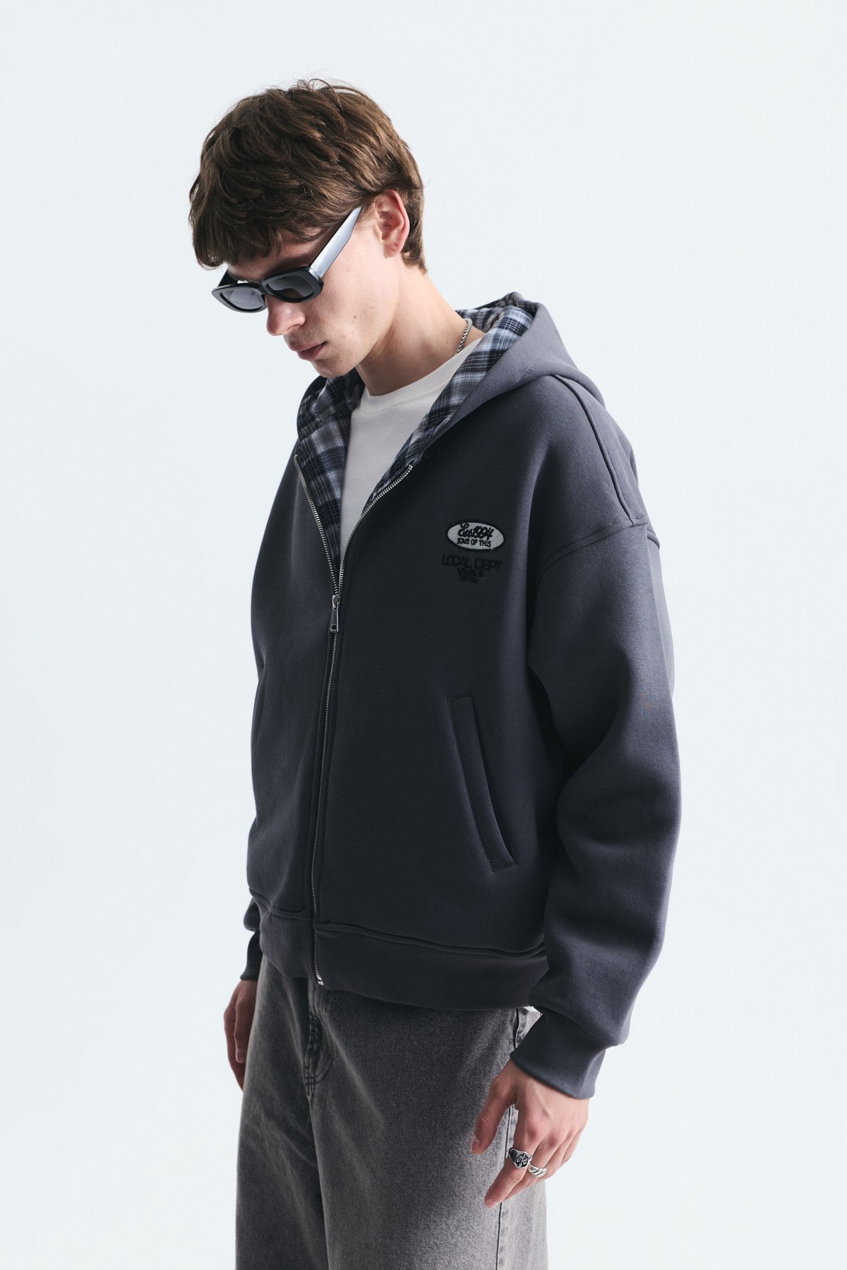 Boxy Fit Zipper-Front Hooded Sweatshirt
