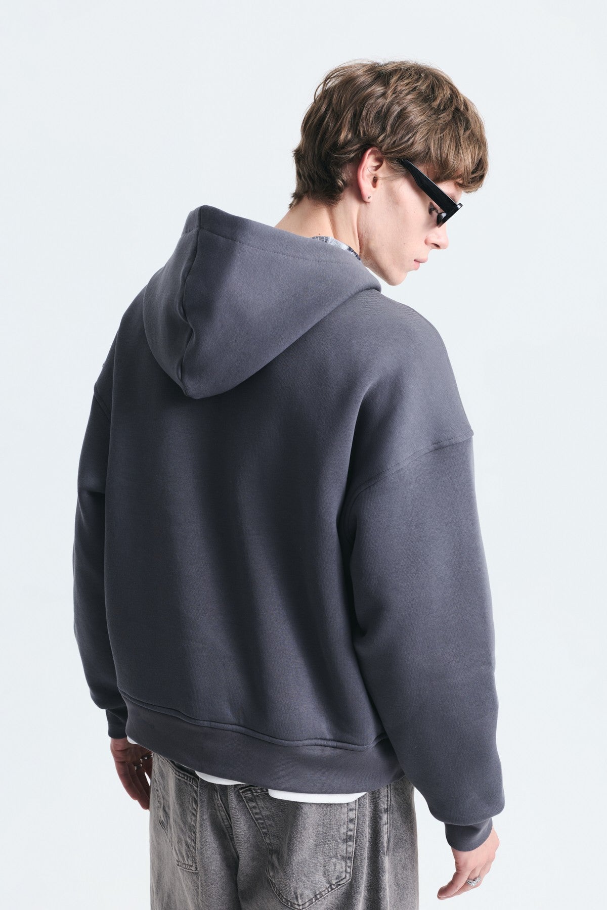 Boxy Fit Zipper-Front Hooded Sweatshirt