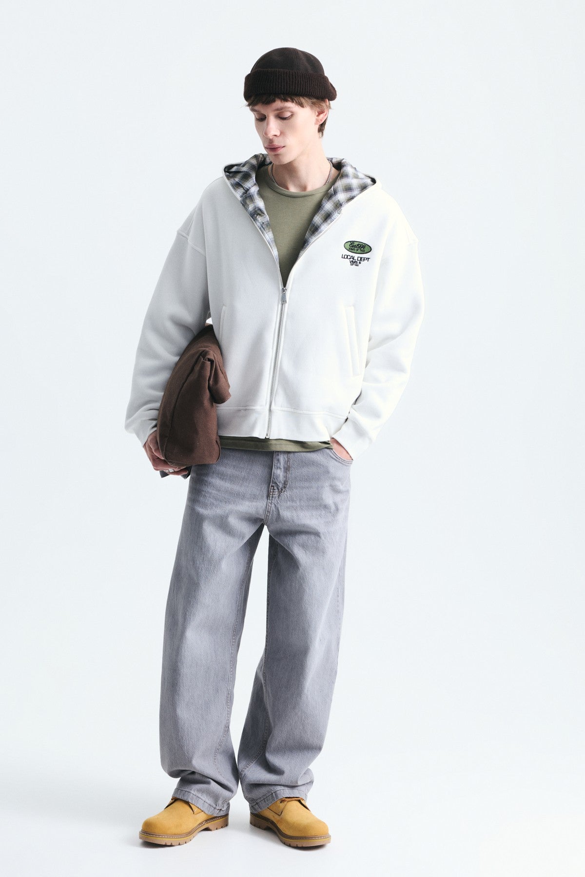Boxy Fit Zipper-Front Hooded Sweatshirt