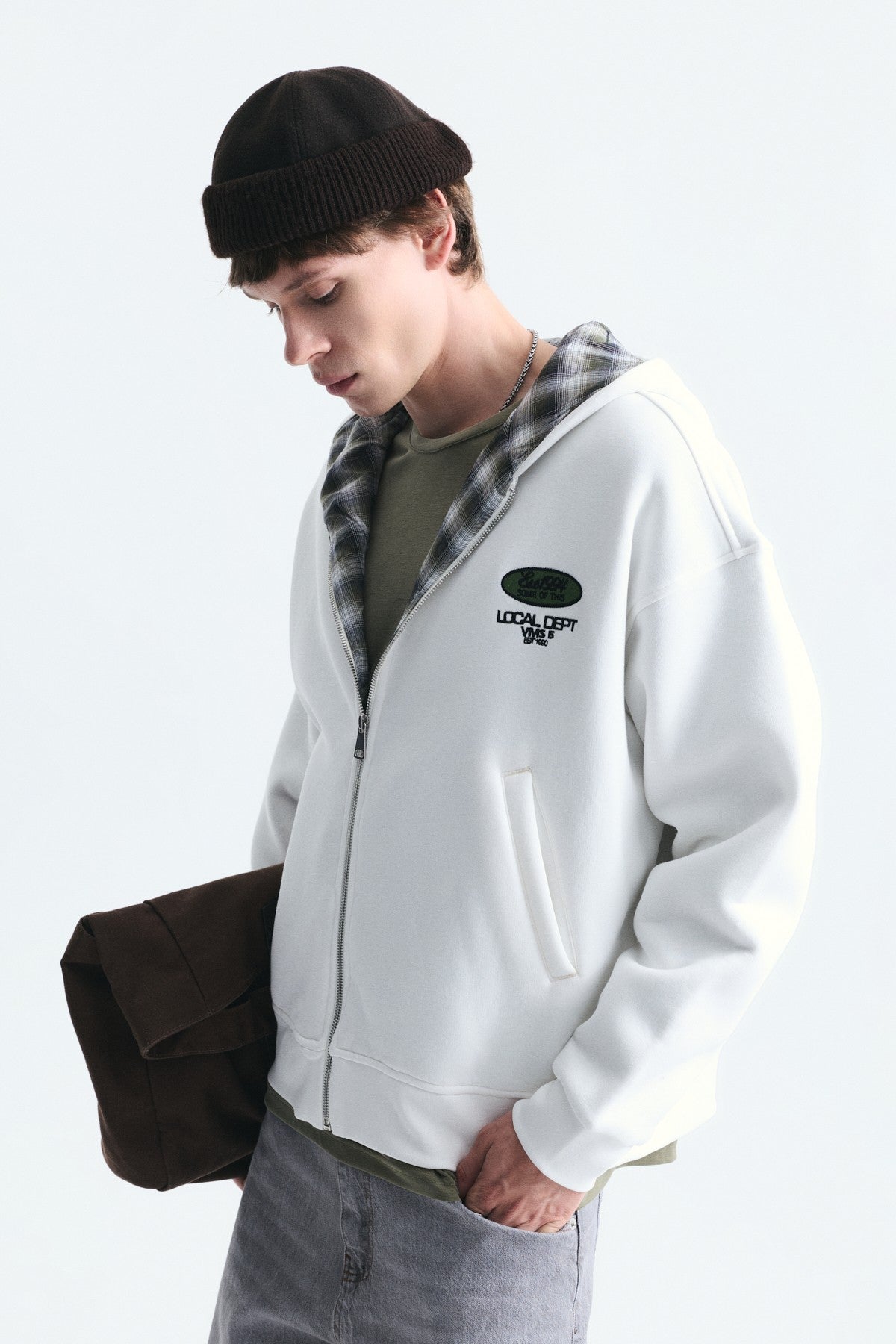 Boxy Fit Zipper-Front Hooded Sweatshirt