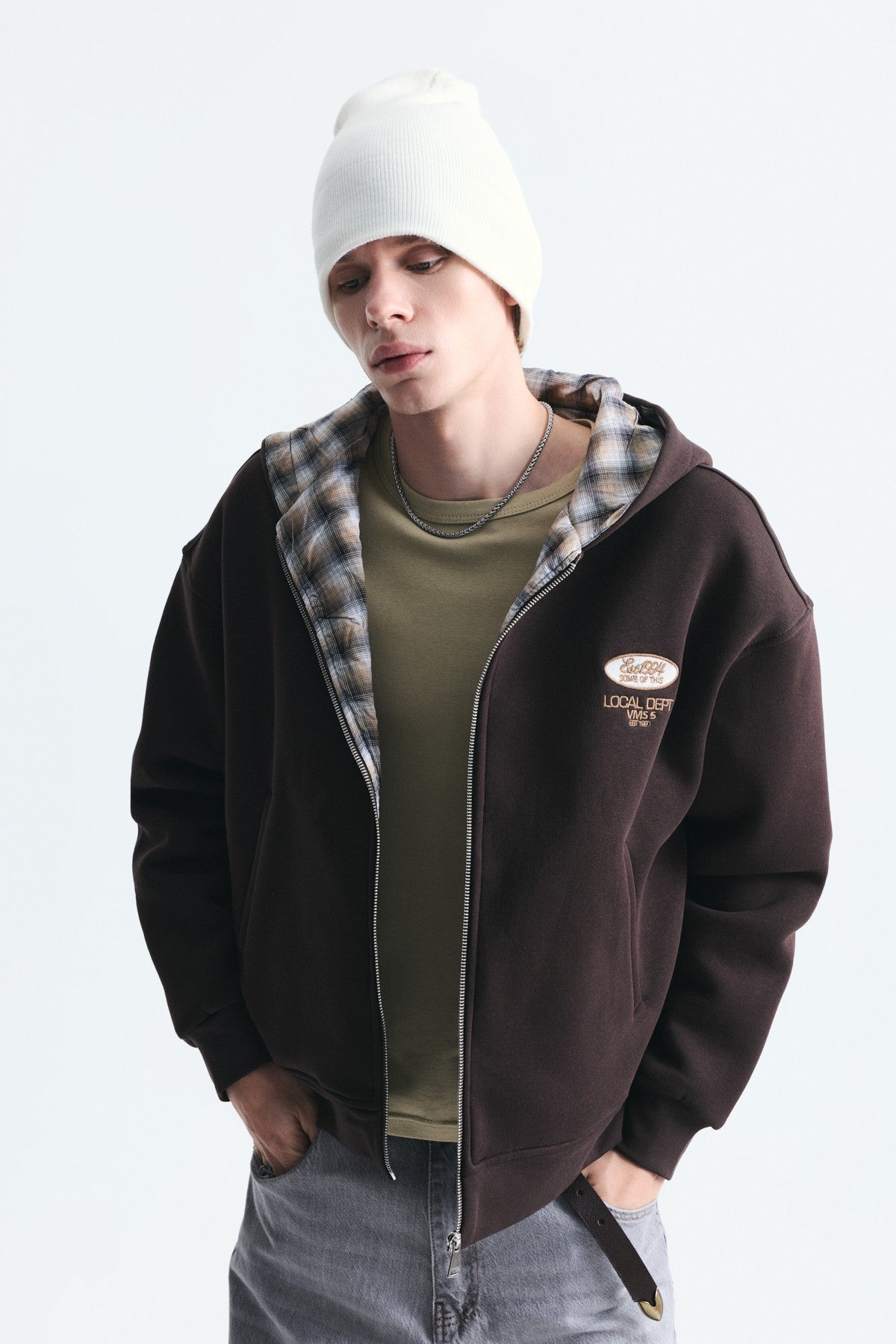Boxy Fit Zipper-Front Hooded Sweatshirt