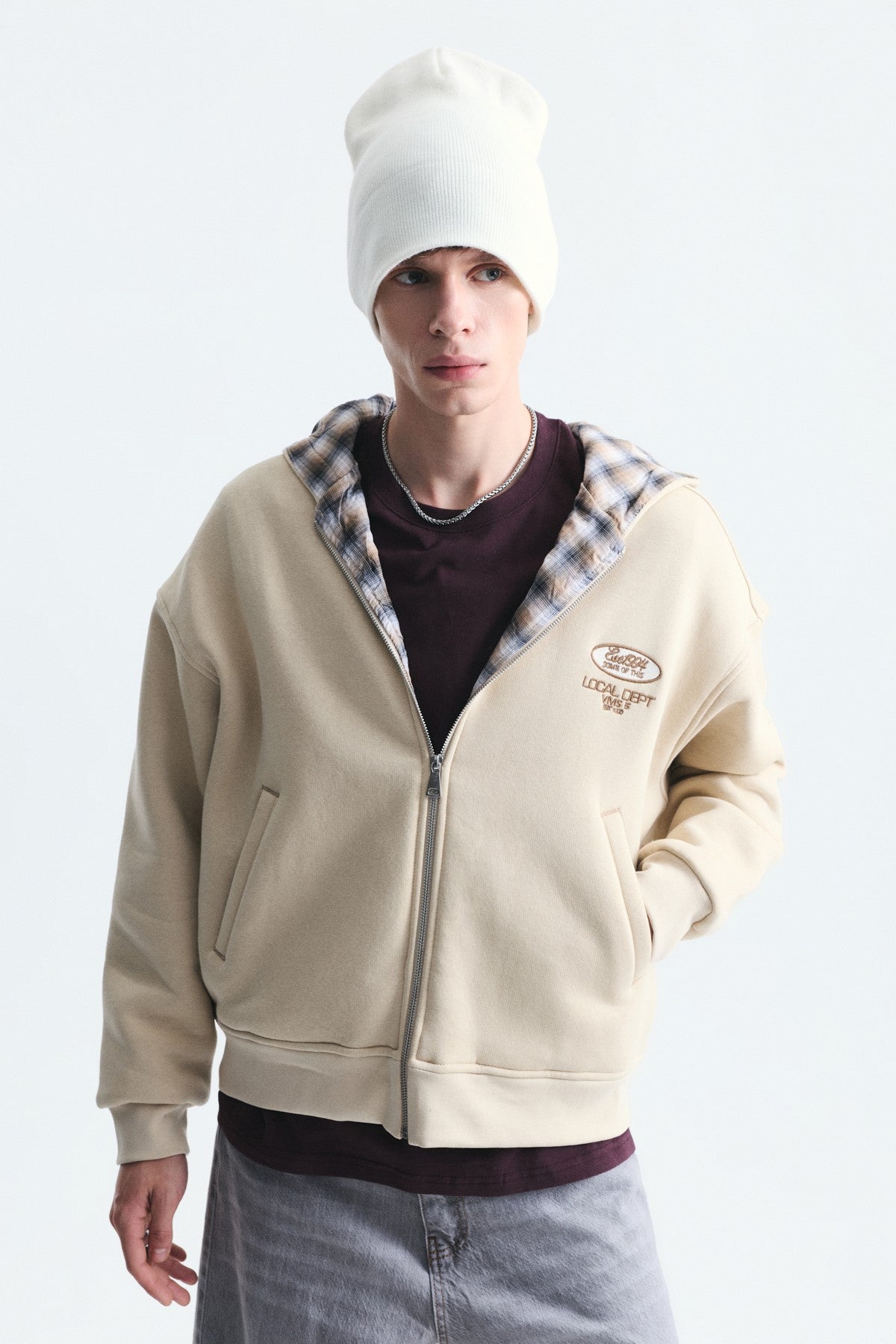 Boxy Fit Zipper-Front Hooded Sweatshirt