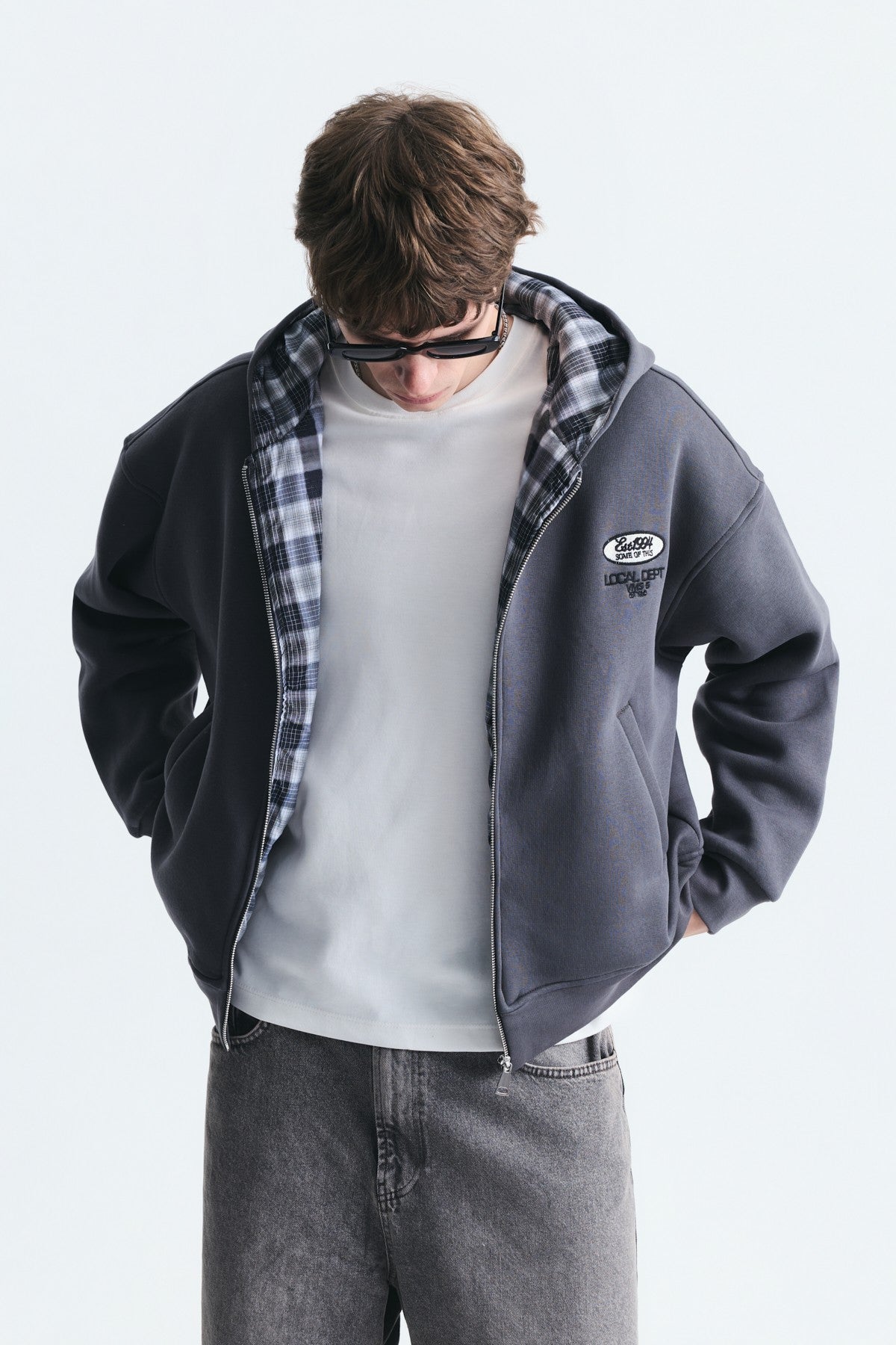 Boxy Fit Zipper-Front Hooded Sweatshirt