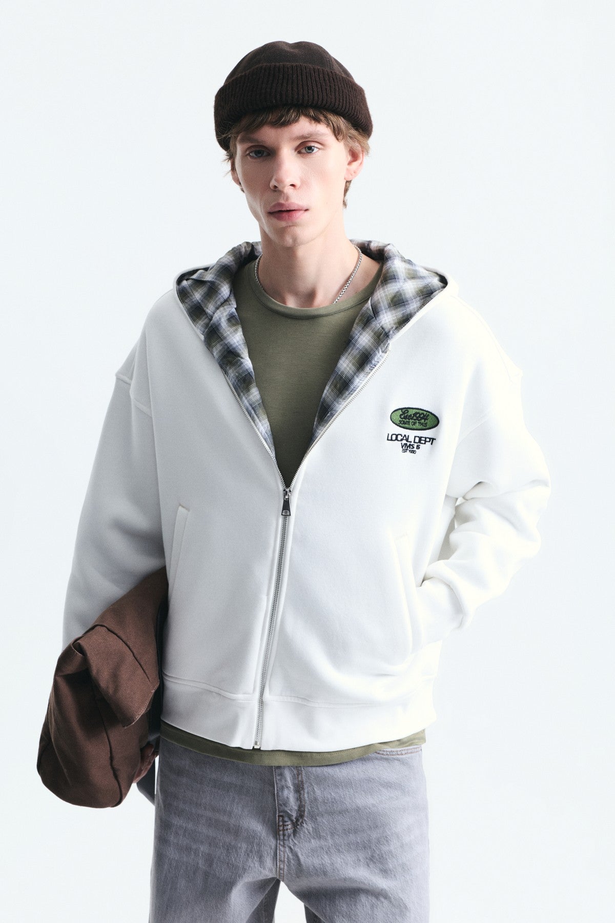 Boxy Fit Zipper-Front Hooded Sweatshirt