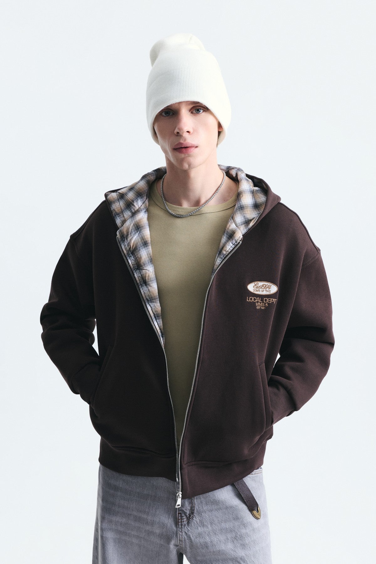 Boxy Fit Zipper-Front Hooded Sweatshirt