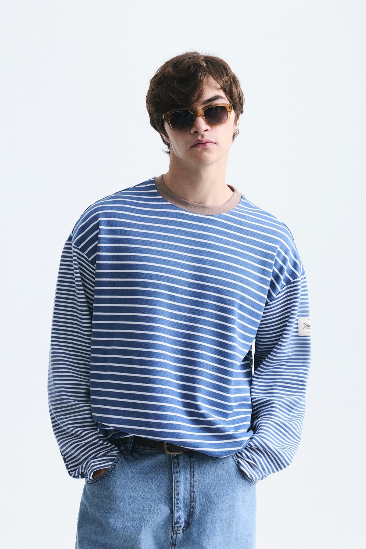 Contrast-Collar Striped Sweatshirt
